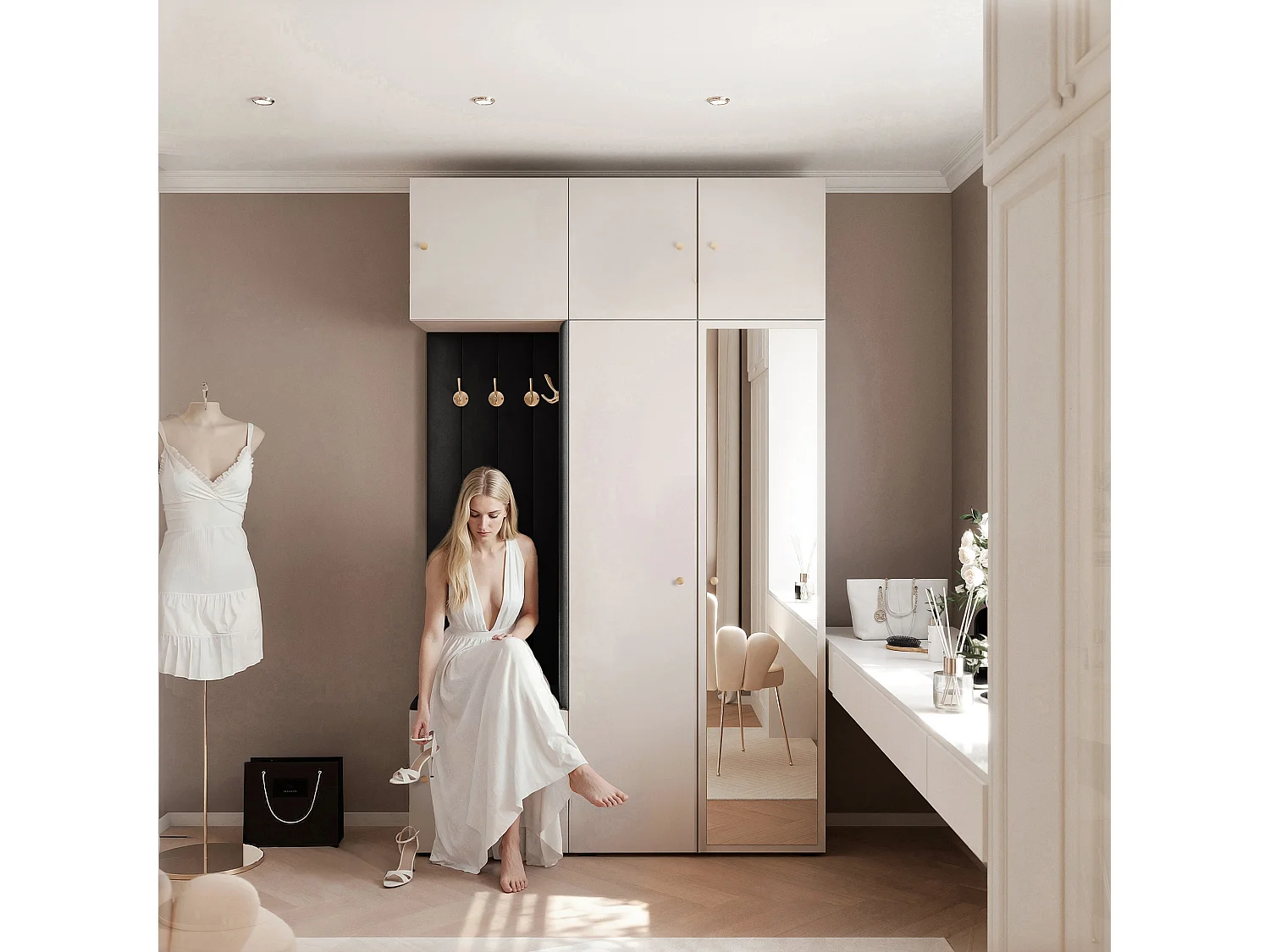 Garderobe Aria V7 Kaschmir Gepolstert Samt Schwarz mit Spiegel Kleiderhaken und Regalen