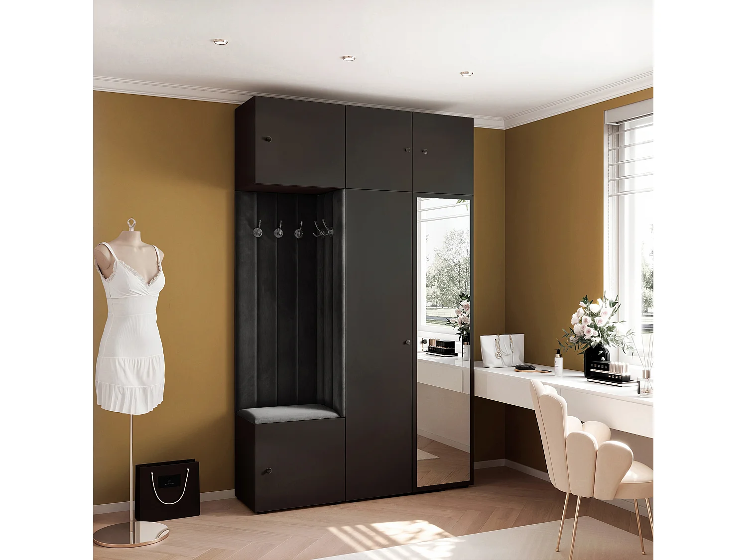 Garderobe Aria V7 Schwarz Gepolstert Samt Schwarz mit Spiegel Kleiderhaken und Regalen