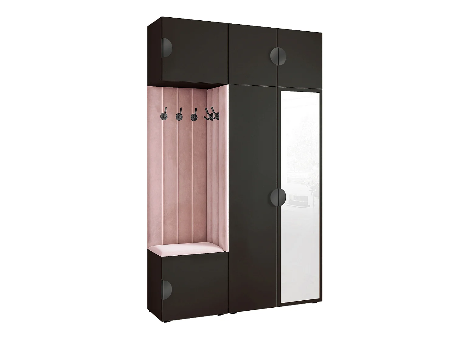 Garderobe Aria V7 Schwarz Gepolstert Samt Rosa mit Spiegel Kleiderhaken und Regalen