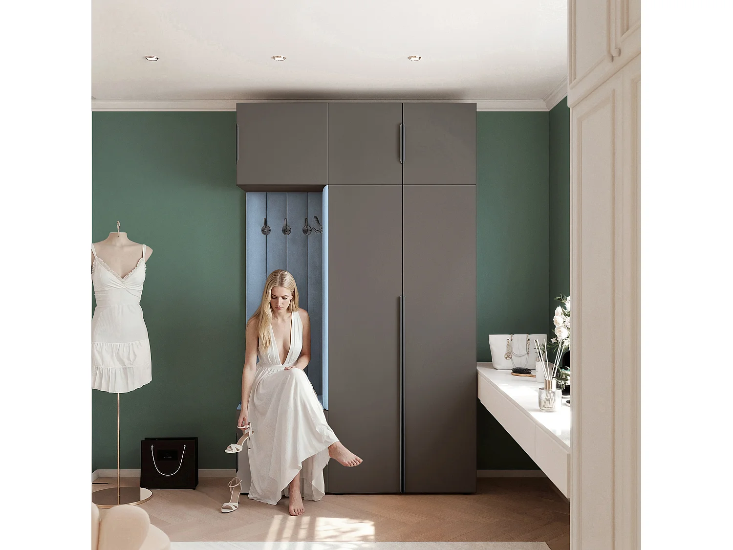 Garderobe Aria V7 Grau Gepolstert Samt Hellblau Kleiderhaken und Regalen