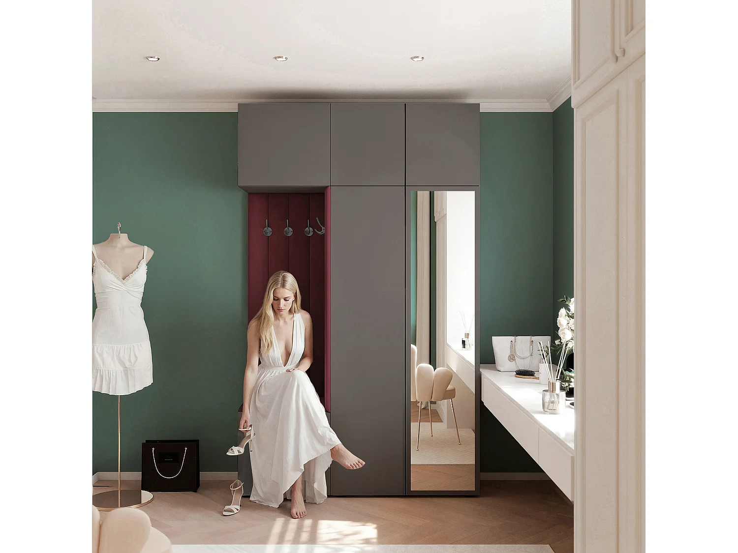 Garderobe Aria V7 Grau Gepolstert Samt Merlot mit Spiegel Kleiderhaken und Regalen