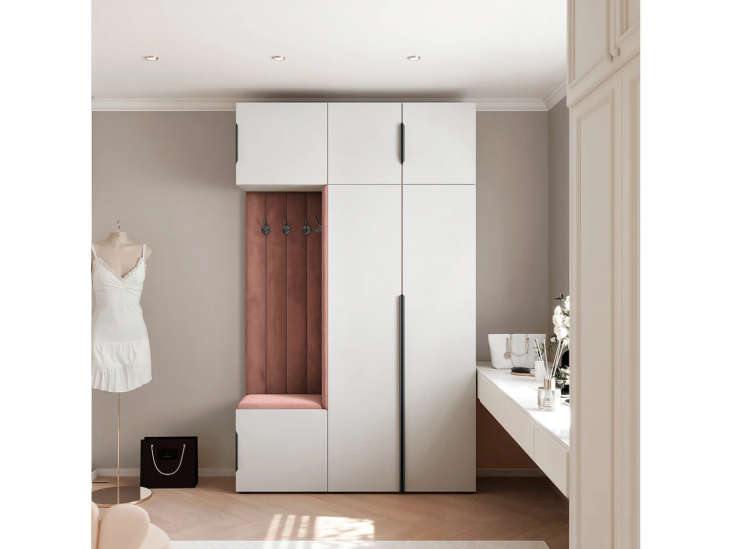 Garderobe Aria V7 Weiß Gepolstert Samt Rostrot Kleiderhaken und Regalen