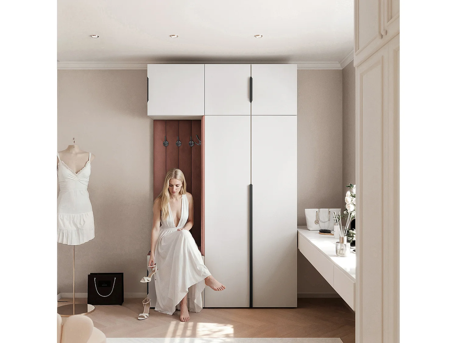 Garderobe Aria V7 Weiß Gepolstert Samt Rostrot Kleiderhaken und Regalen