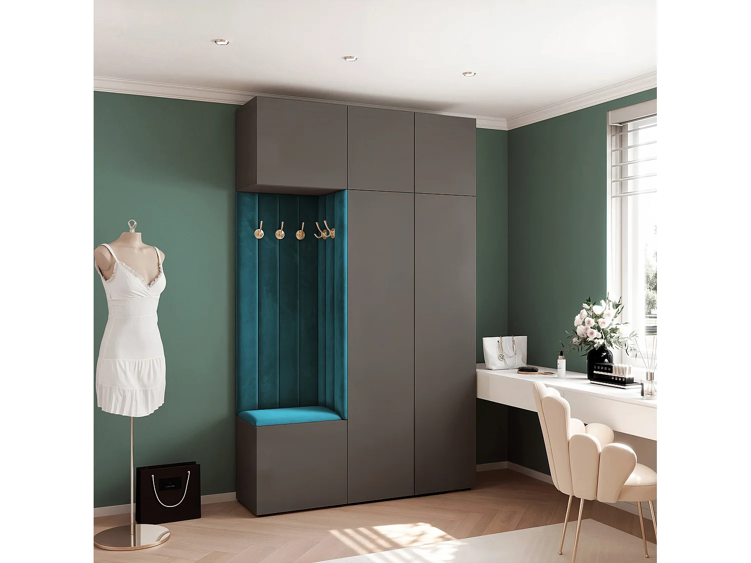 Garderobe Aria V7 Grau Gepolstert Samt Marineblau Kleiderhaken und Regalen