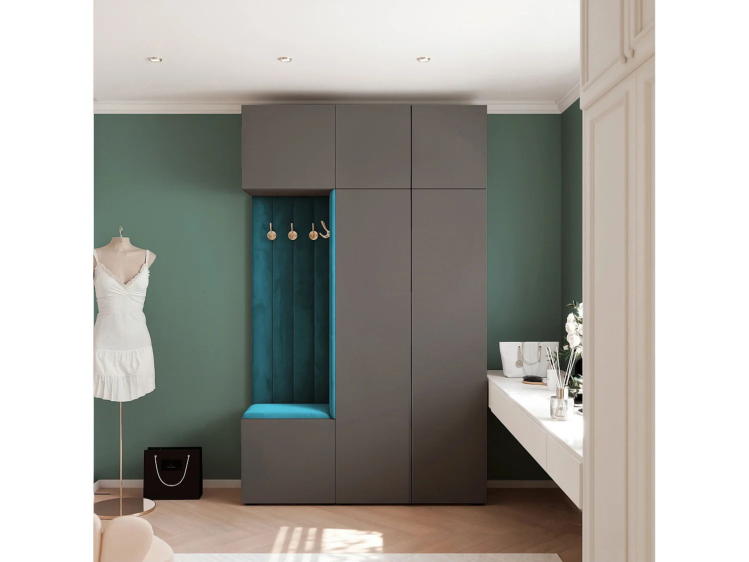 Garderobe Aria V7 Grau Gepolstert Samt Marineblau Kleiderhaken und Regalen