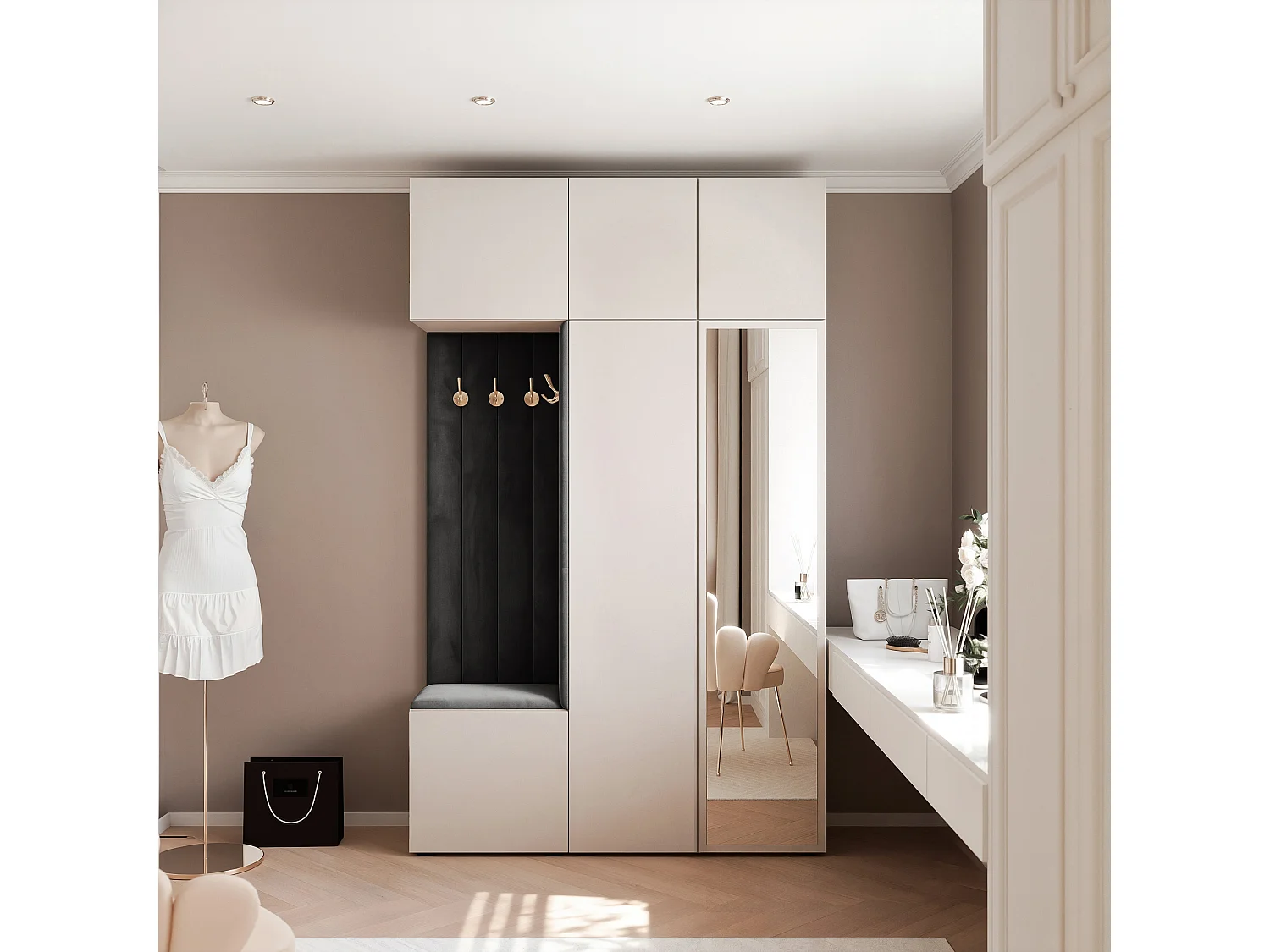Garderobe Aria V7 Kaschmir Gepolstert Samt Schwarz mit Spiegel Kleiderhaken und Regalen