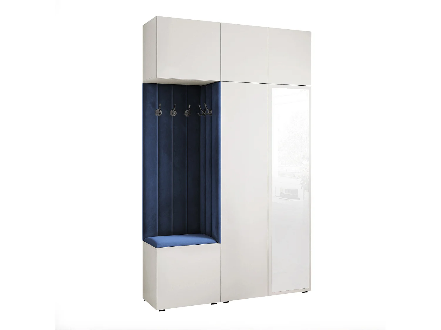 Garderobe Aria V7 Weiß Gepolstert Samt Atlantikblau mit Spiegel Kleiderhaken und Regalen