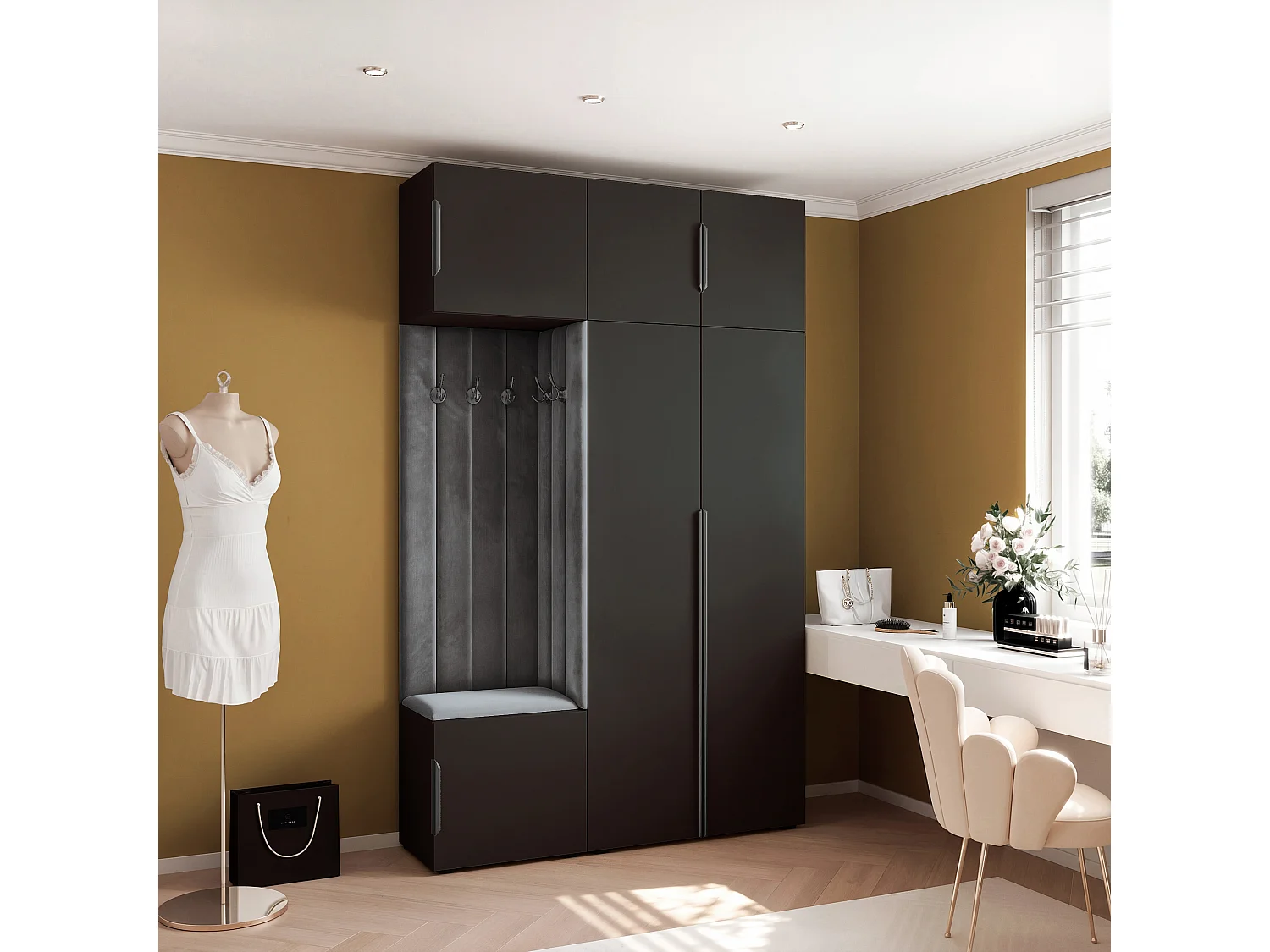 Garderobe Aria V7 Schwarz Gepolstert Samt Graphit Kleiderhaken und Regalen