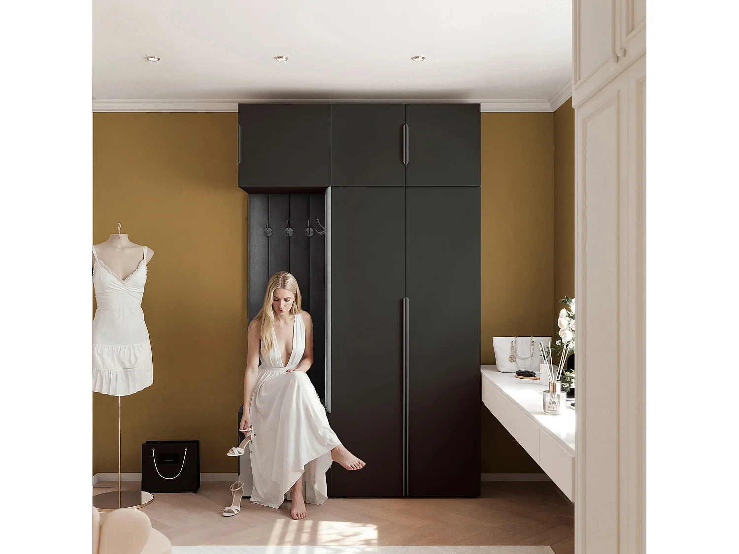 Garderobe Aria V7 Schwarz Gepolstert Samt Graphit Kleiderhaken und Regalen