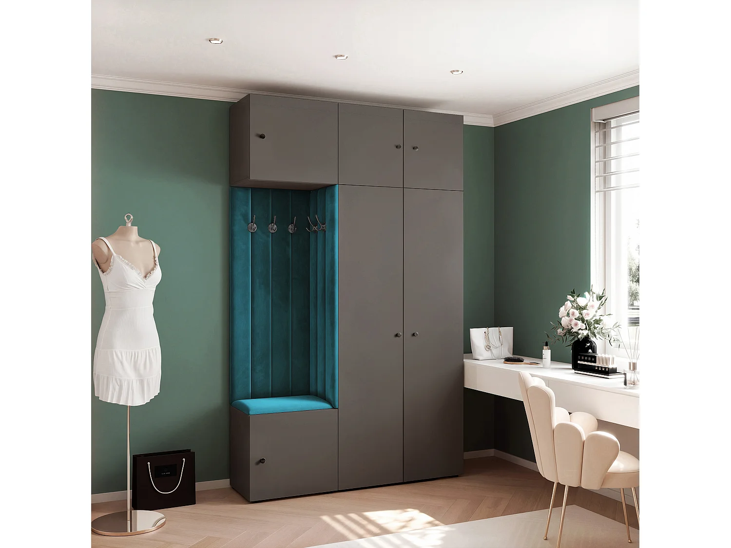 Garderobe Aria V7 Grau Gepolstert Samt Marineblau Kleiderhaken und Regalen