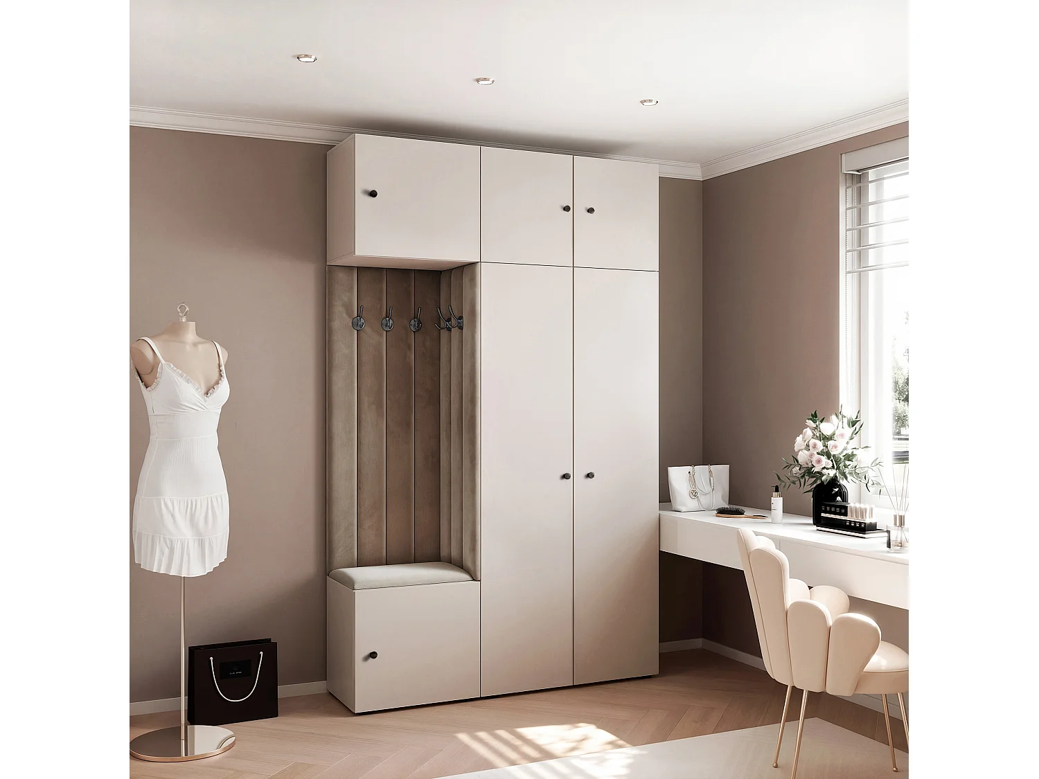 Garderobe Aria V7 Kaschmir Gepolstert Samt Taupe Kleiderhaken und Regalen
