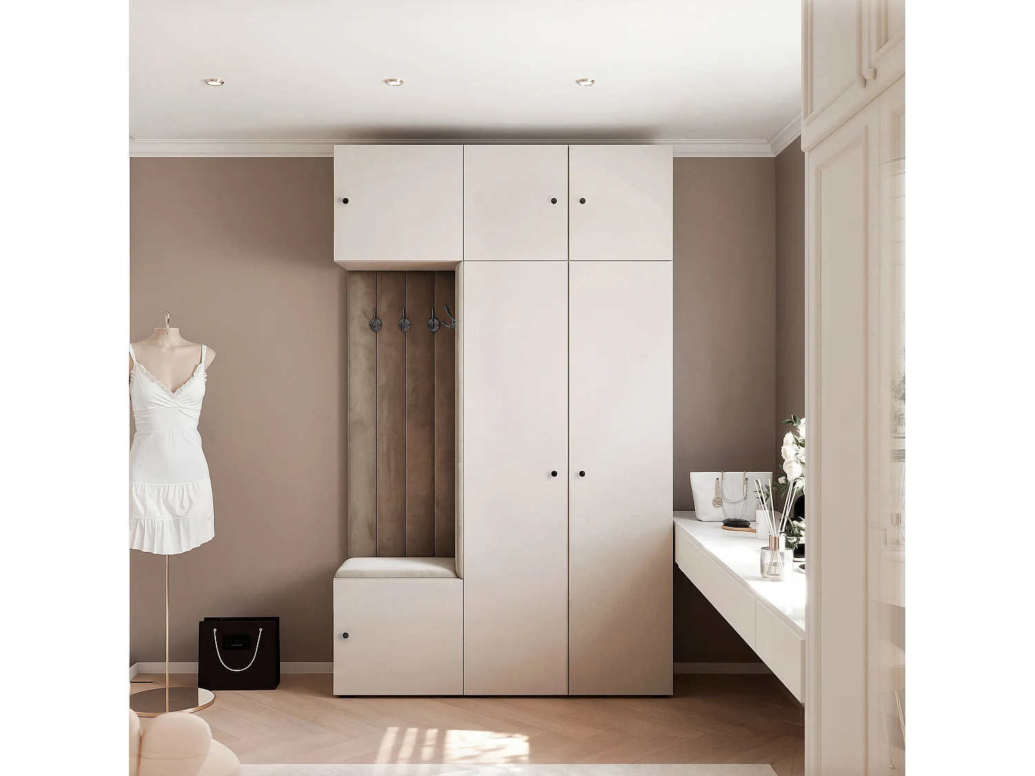 Garderobe Aria V7 Kaschmir Gepolstert Samt Taupe Kleiderhaken und Regalen