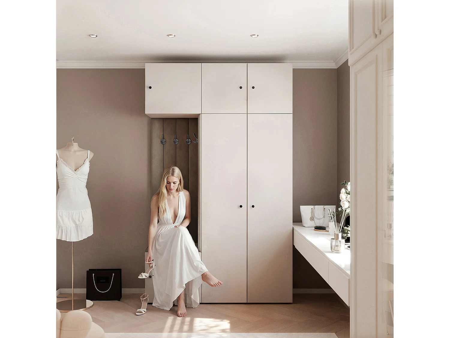 Garderobe Aria V7 Kaschmir Gepolstert Samt Taupe Kleiderhaken und Regalen