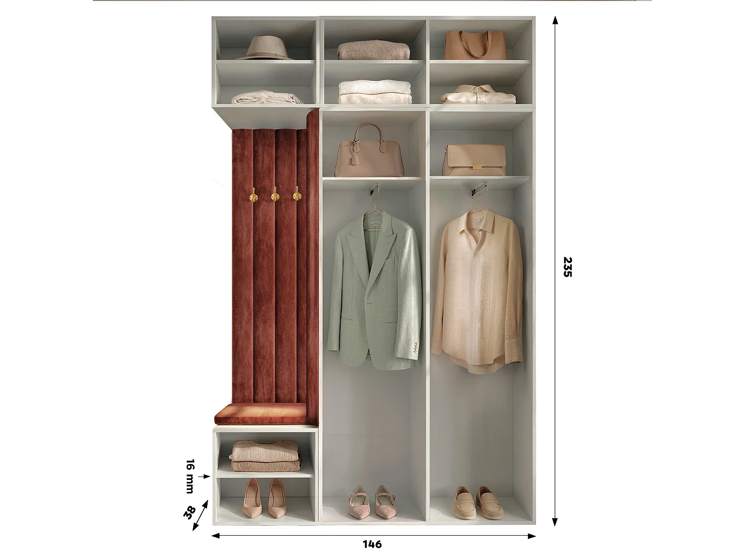 Garderobe Aria V7 Kaschmir Gepolstert Samt Taupe Kleiderhaken und Regalen