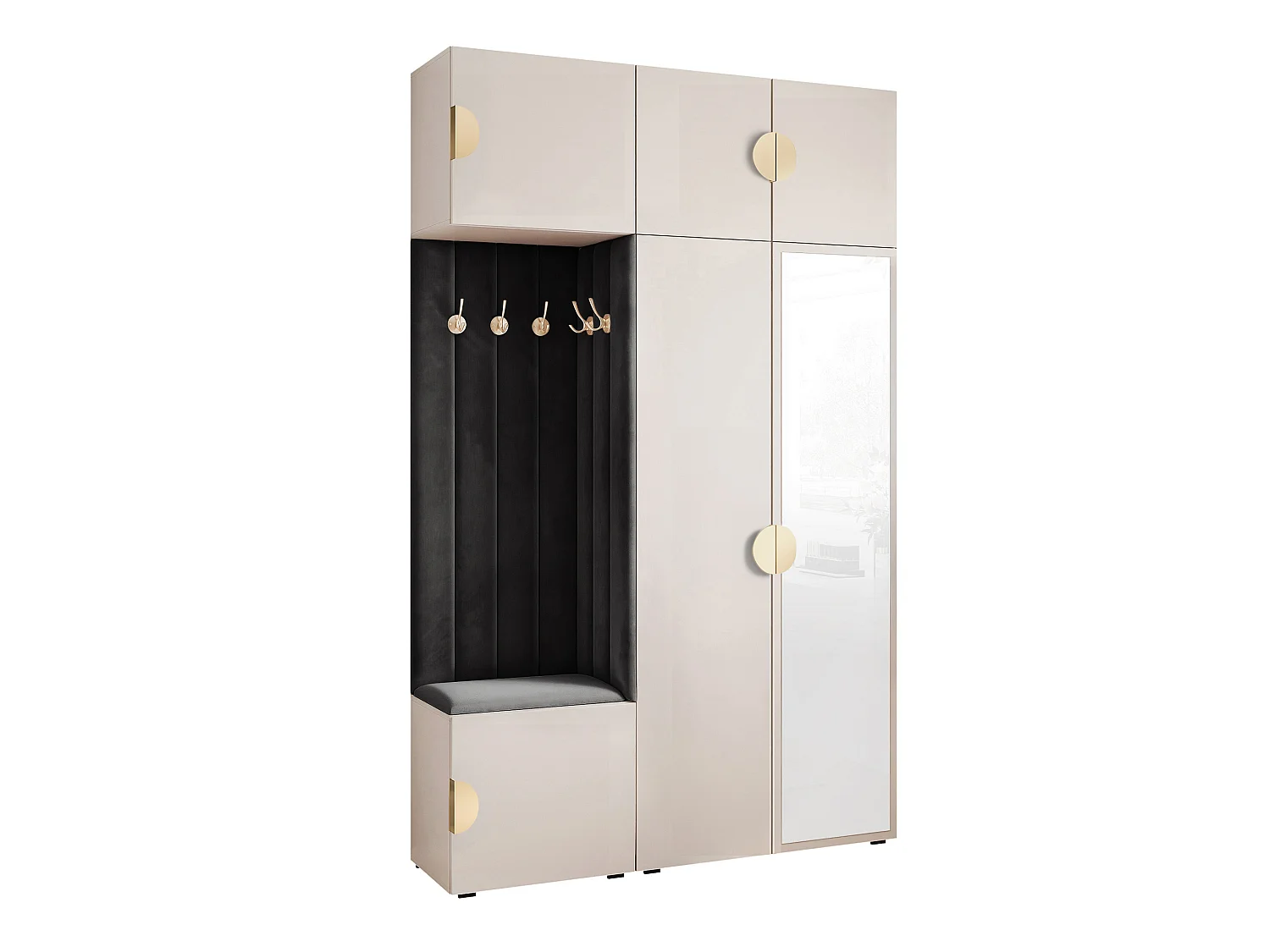 Garderobe Aria V7 Kaschmir Gepolstert Samt Schwarz mit Spiegel Kleiderhaken und Regalen
