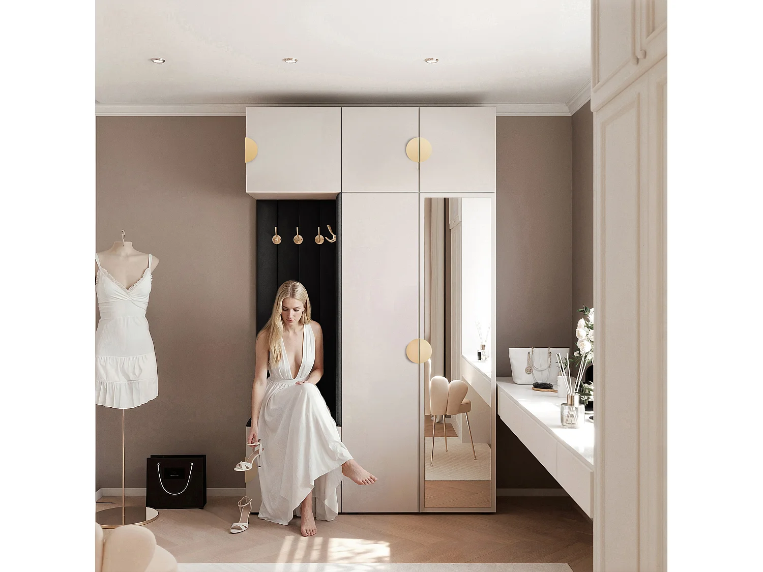 Garderobe Aria V7 Kaschmir Gepolstert Samt Schwarz mit Spiegel Kleiderhaken und Regalen
