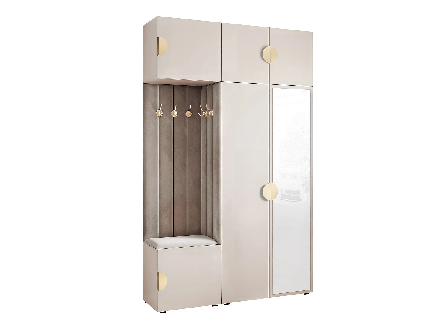 Garderobe Aria V7 Kaschmir Gepolstert Samt Mausgrau mit Spiegel Kleiderhaken und Regalen
