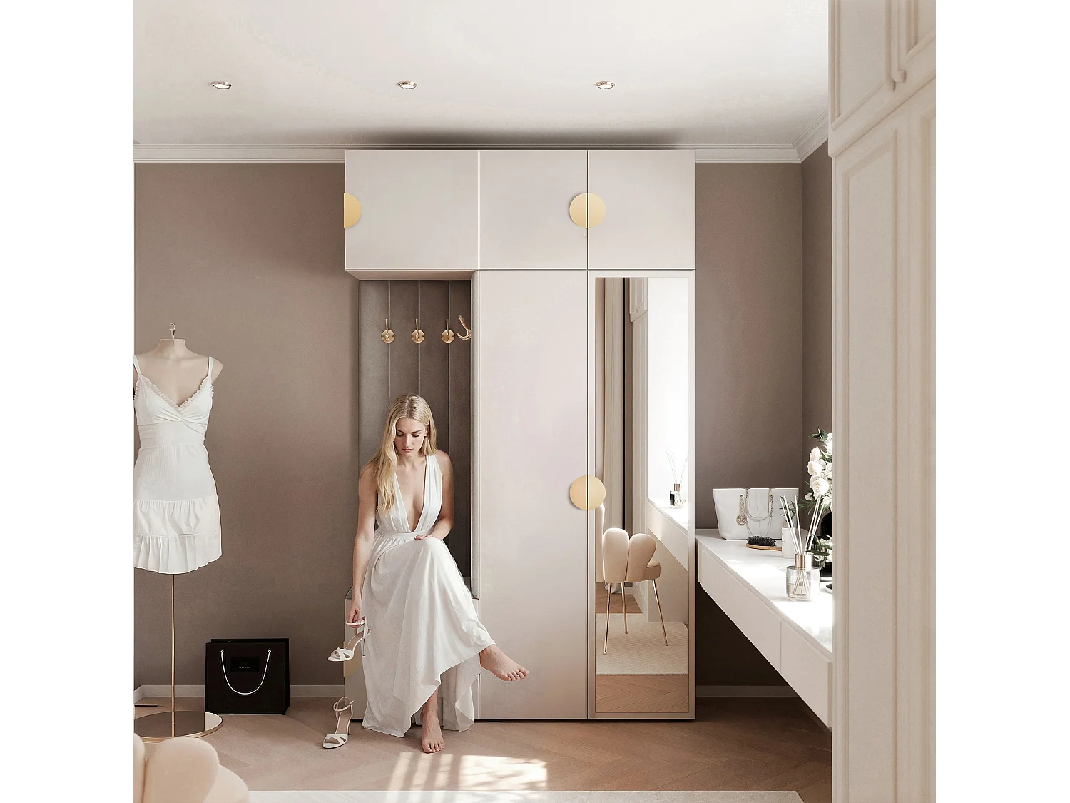 Garderobe Aria V7 Kaschmir Gepolstert Samt Mausgrau mit Spiegel Kleiderhaken und Regalen