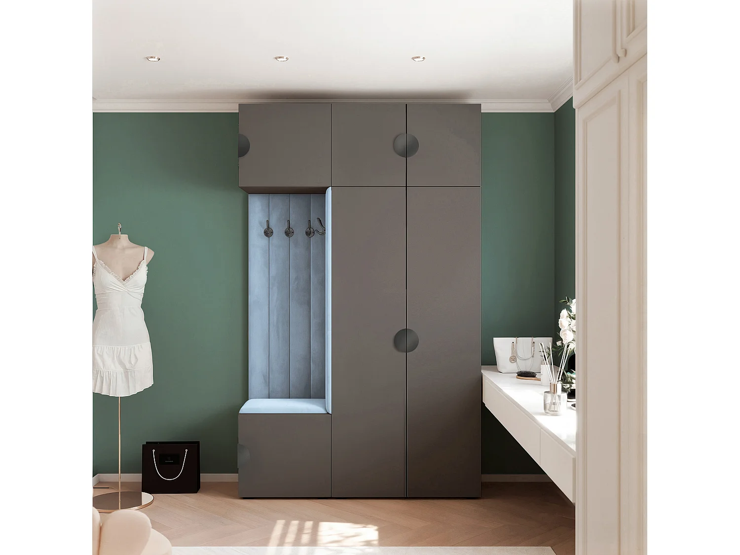 Garderobe Aria V7 Grau Gepolstert Samt Hellblau Kleiderhaken und Regalen