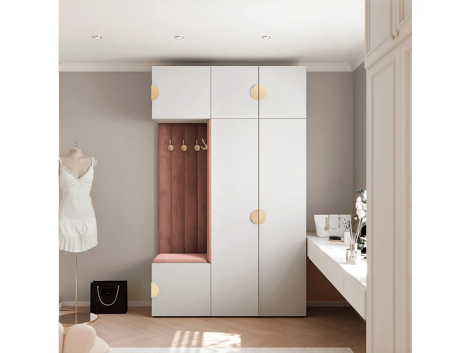 Garderobe Aria V7 Weiß Gepolstert Samt Rostrot Kleiderhaken und Regalen