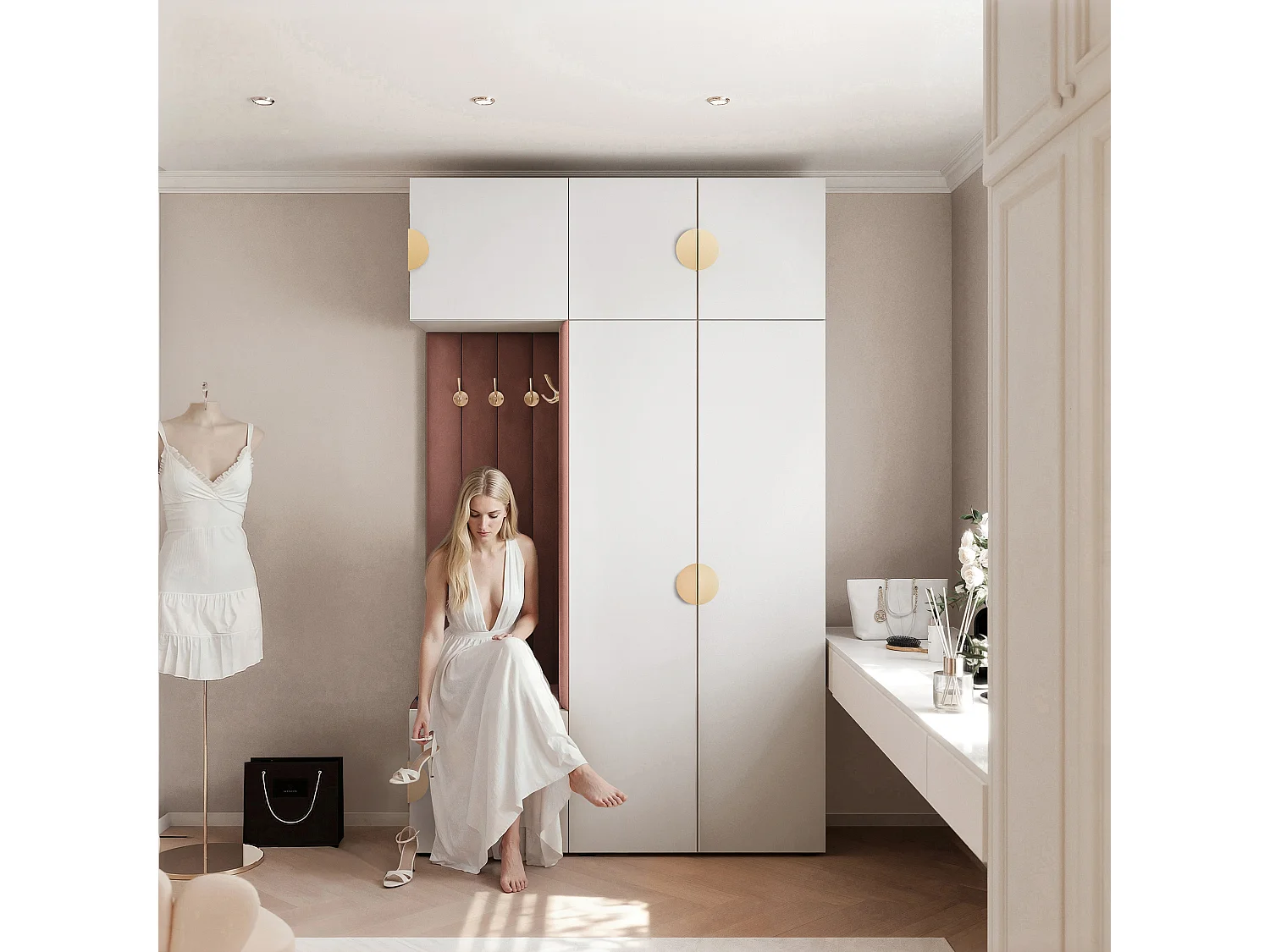Garderobe Aria V7 Weiß Gepolstert Samt Rostrot Kleiderhaken und Regalen