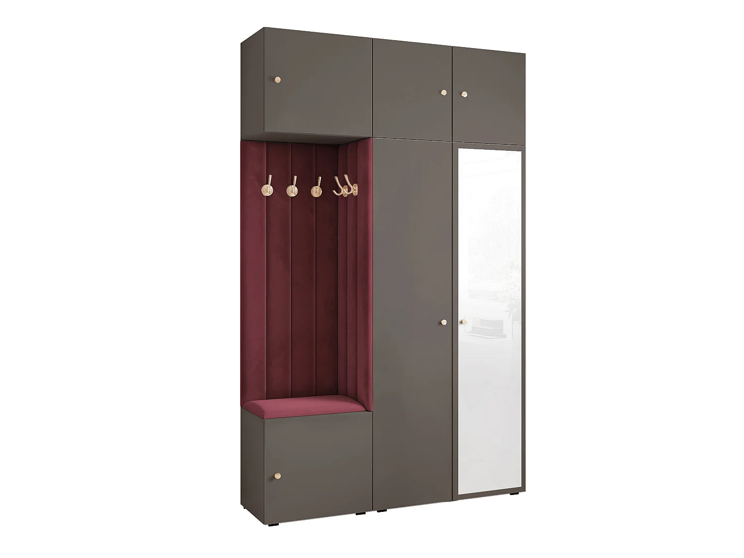 Garderobe Aria V7 Grau Gepolstert Samt Merlot mit Spiegel Kleiderhaken und Regalen