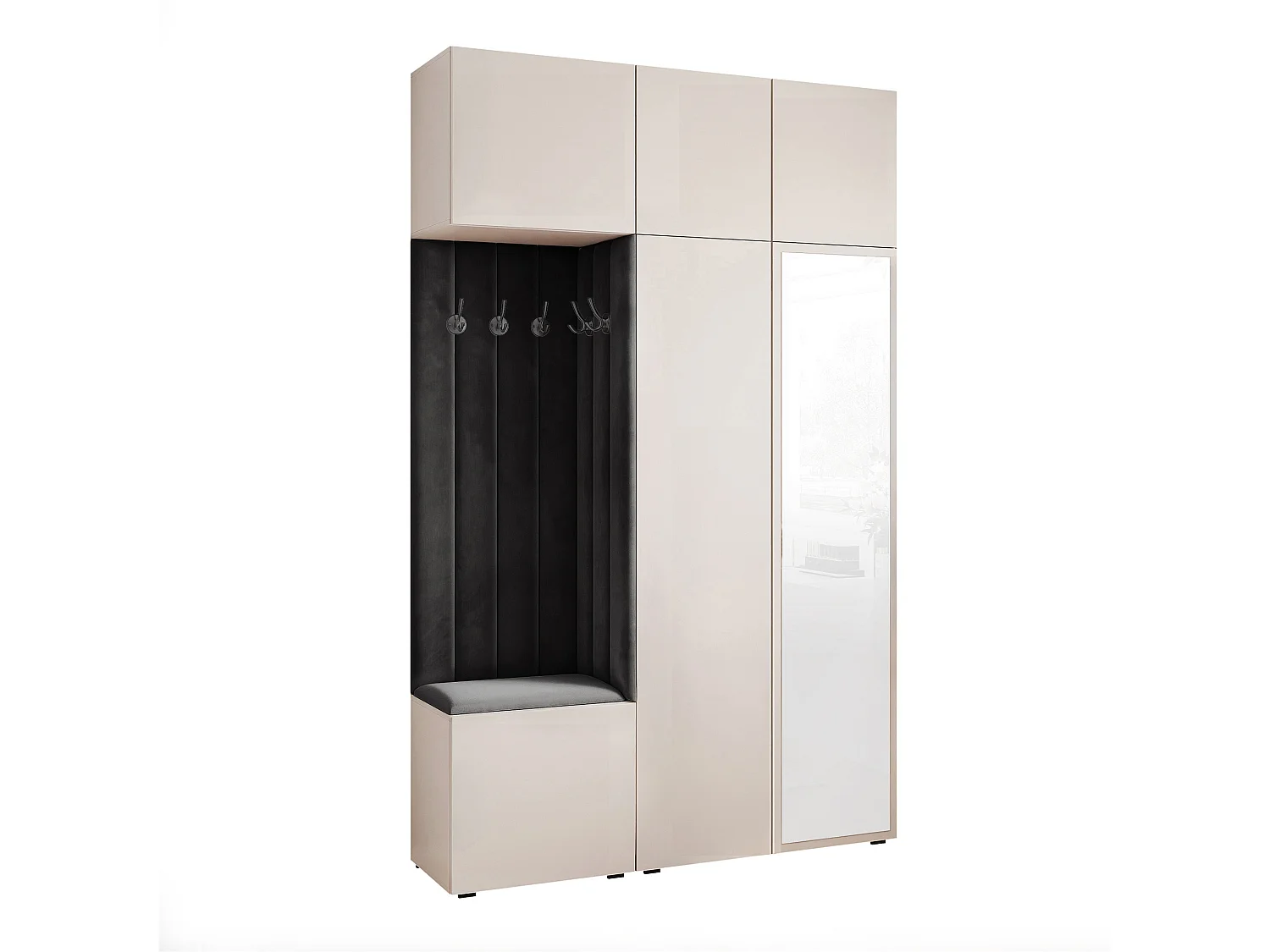 Garderobe Aria V7 Kaschmir Gepolstert Samt Schwarz mit Spiegel Kleiderhaken und Regalen