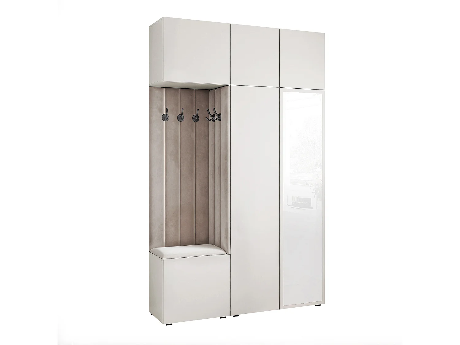 Garderobe Aria V7 Weiß Gepolstert Samt Hellgrau mit Spiegel Kleiderhaken und Regalen