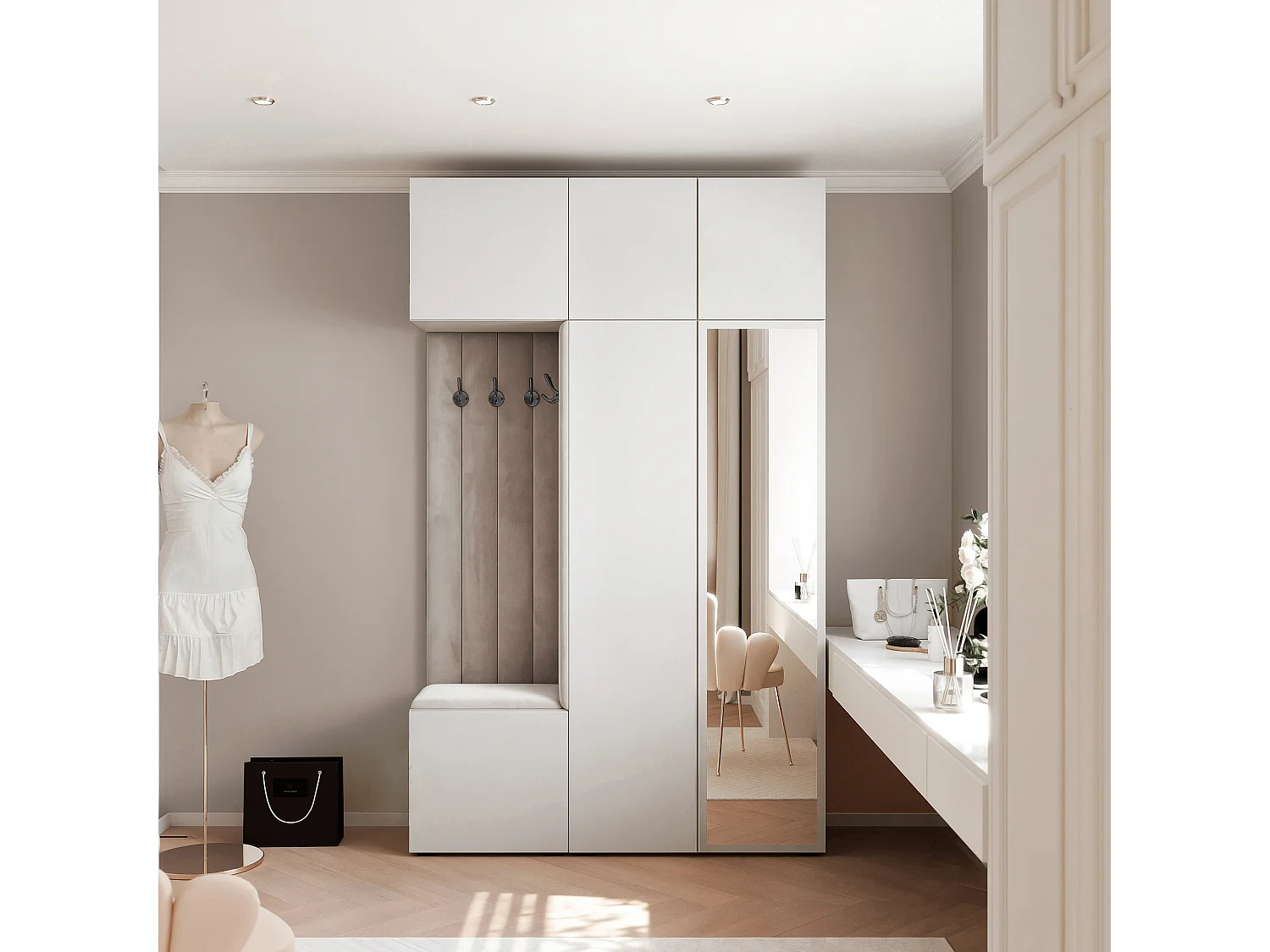 Garderobe Aria V7 Weiß Gepolstert Samt Hellgrau mit Spiegel Kleiderhaken und Regalen
