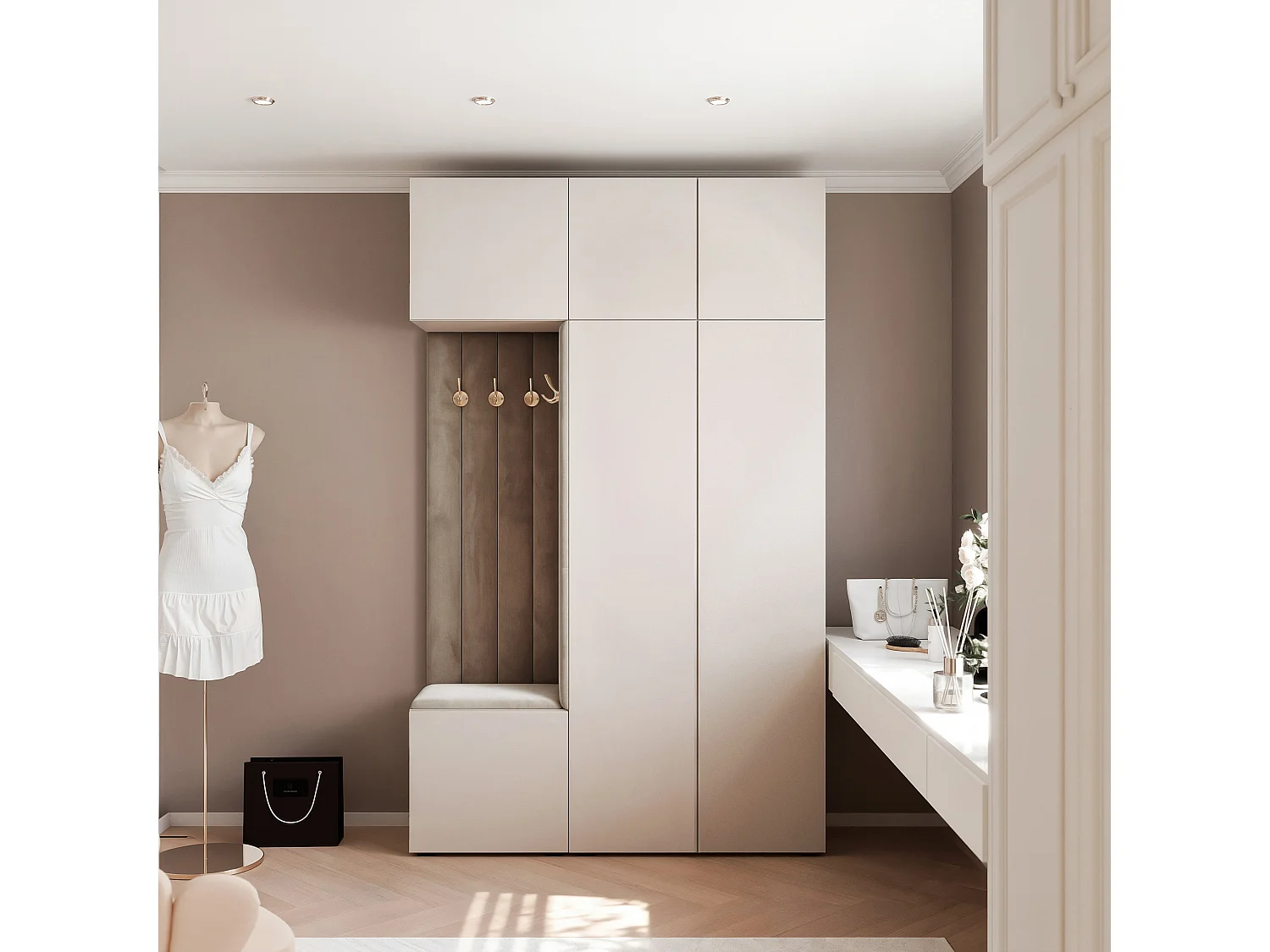 Vestiaire Aria V7 Cachemire Velours Rembourré Taupe Patères et Étagères