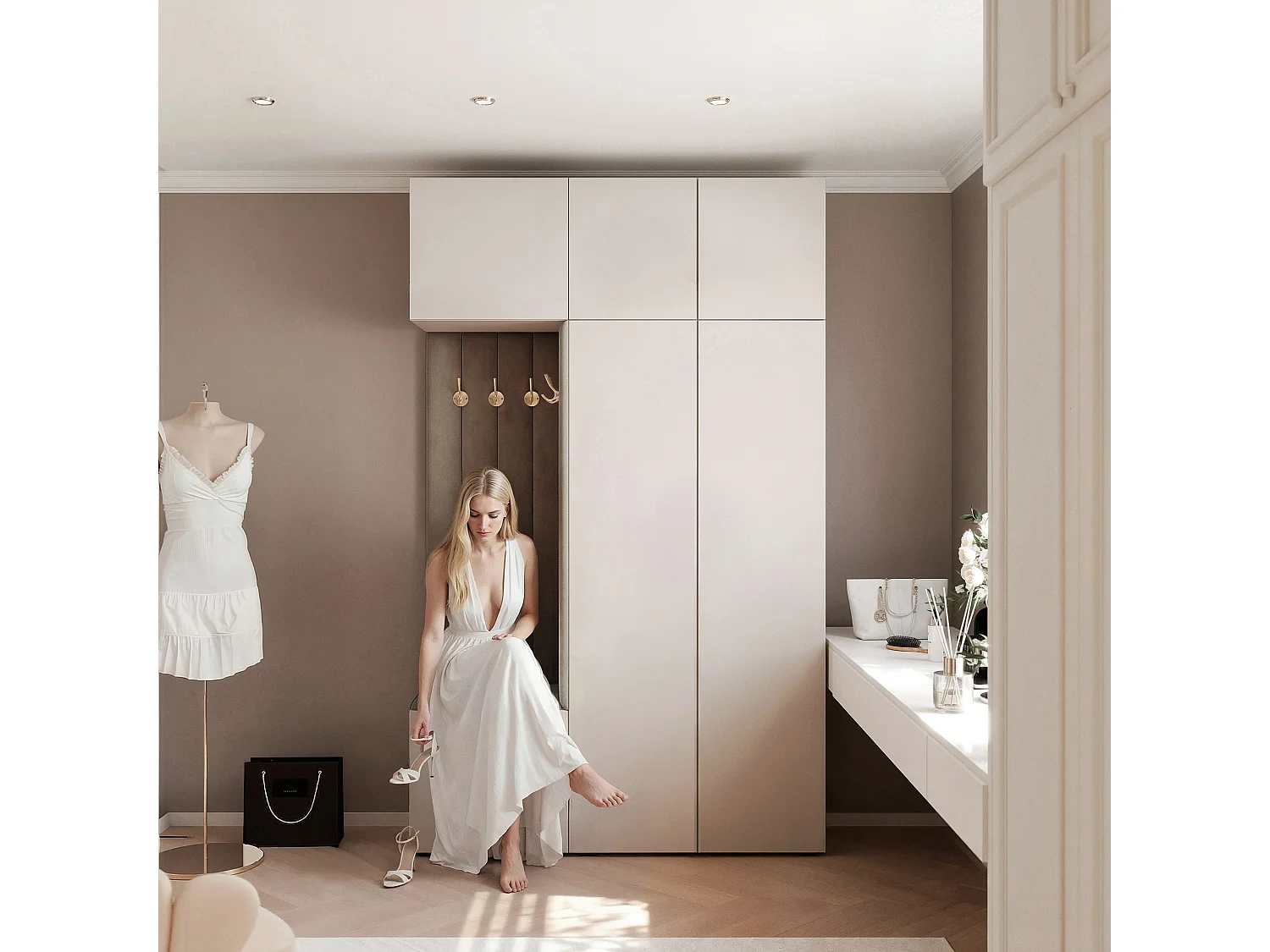Vestiaire Aria V7 Cachemire Velours Rembourré Taupe Patères et Étagères