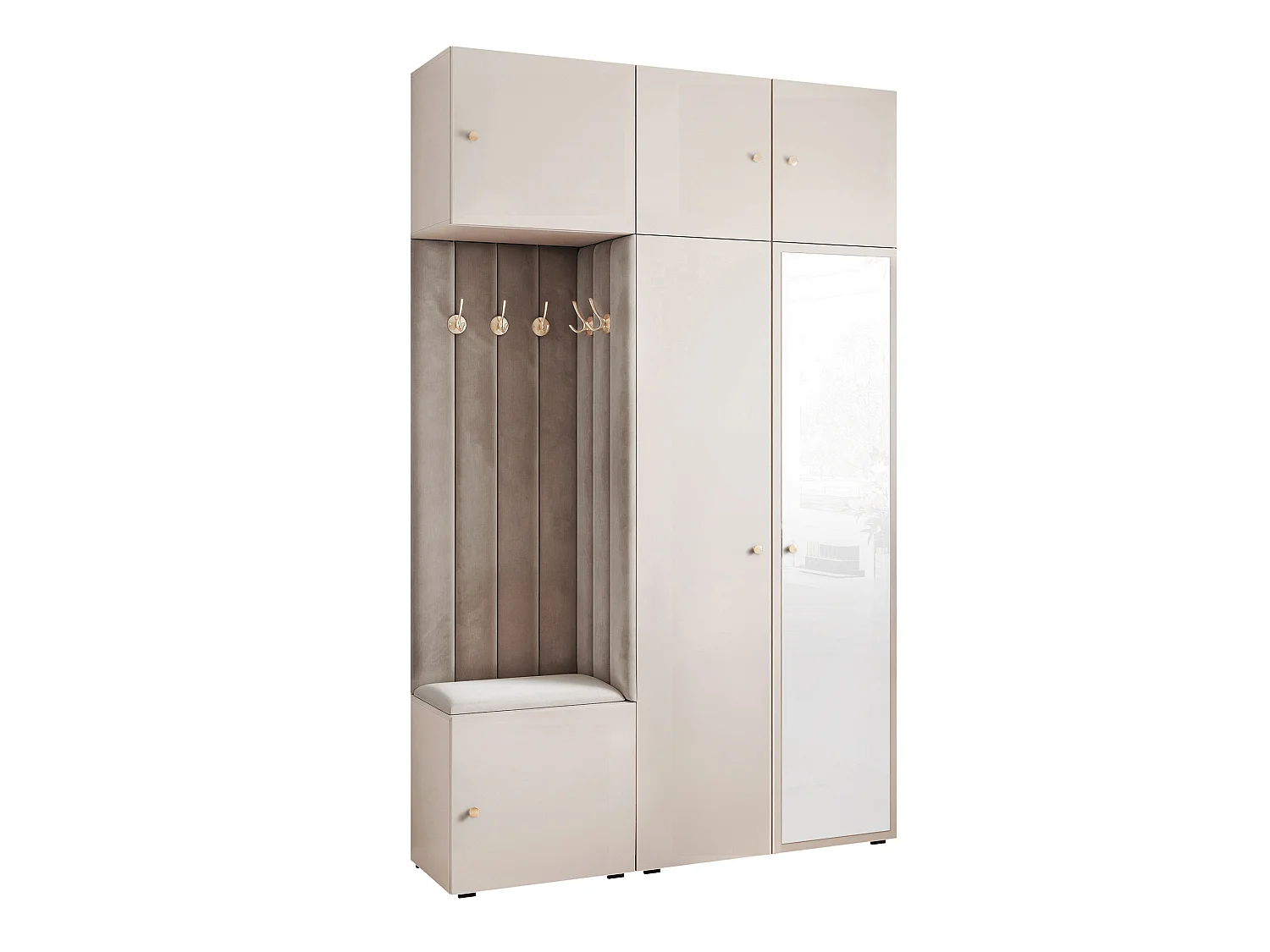 Garderobe Aria V7 Kaschmir Gepolstert Samt Mausgrau mit Spiegel Kleiderhaken und Regalen