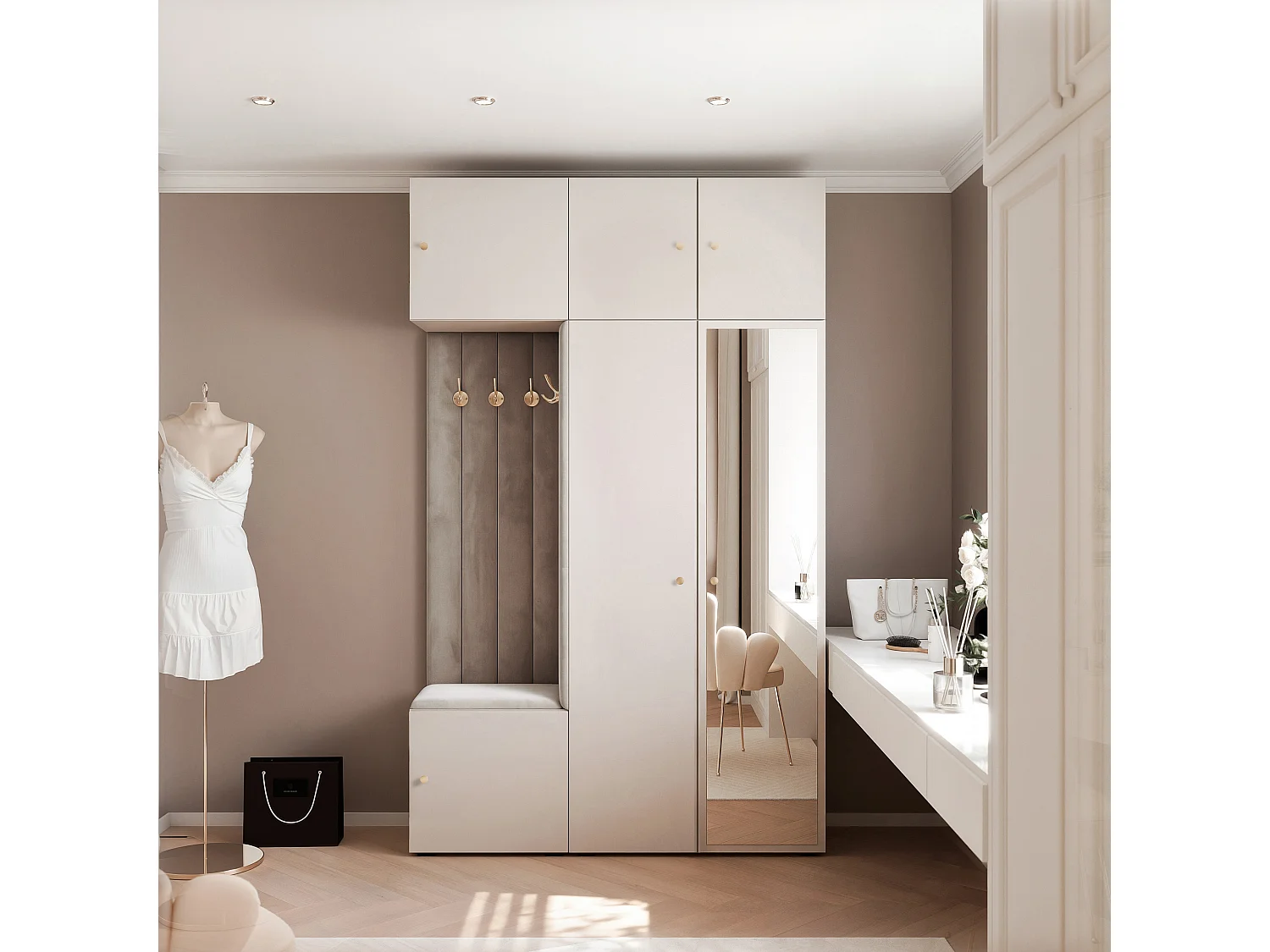 Garderobe Aria V7 Kaschmir Gepolstert Samt Mausgrau mit Spiegel Kleiderhaken und Regalen