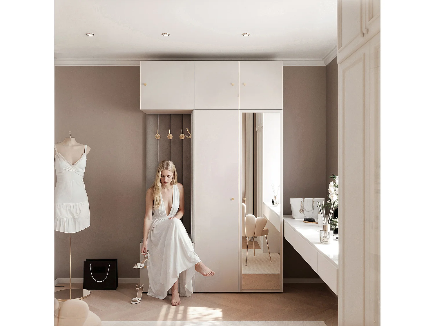 Garderobe Aria V7 Kaschmir Gepolstert Samt Mausgrau mit Spiegel Kleiderhaken und Regalen
