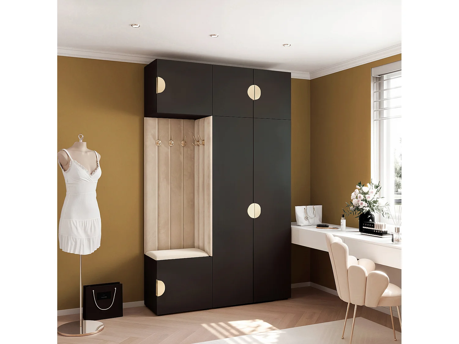 Garderobe Aria V7 Schwarz Gepolstert Samt Beige Kleiderhaken und Regalen