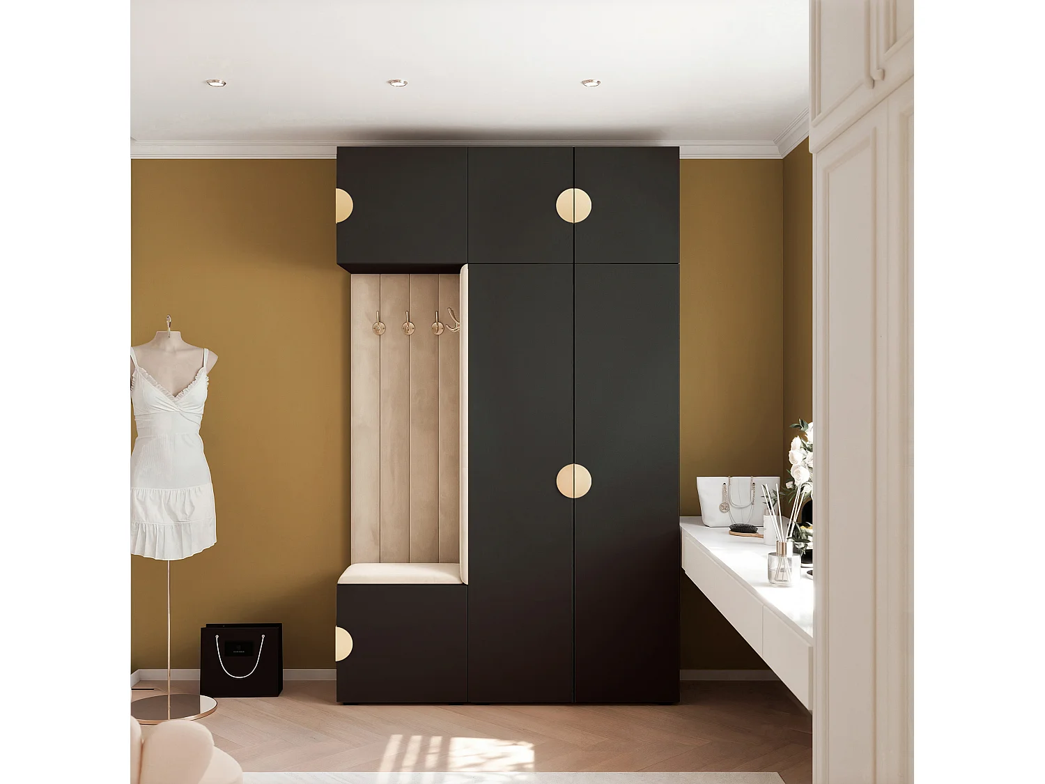 Garderobe Aria V7 Schwarz Gepolstert Samt Beige Kleiderhaken und Regalen