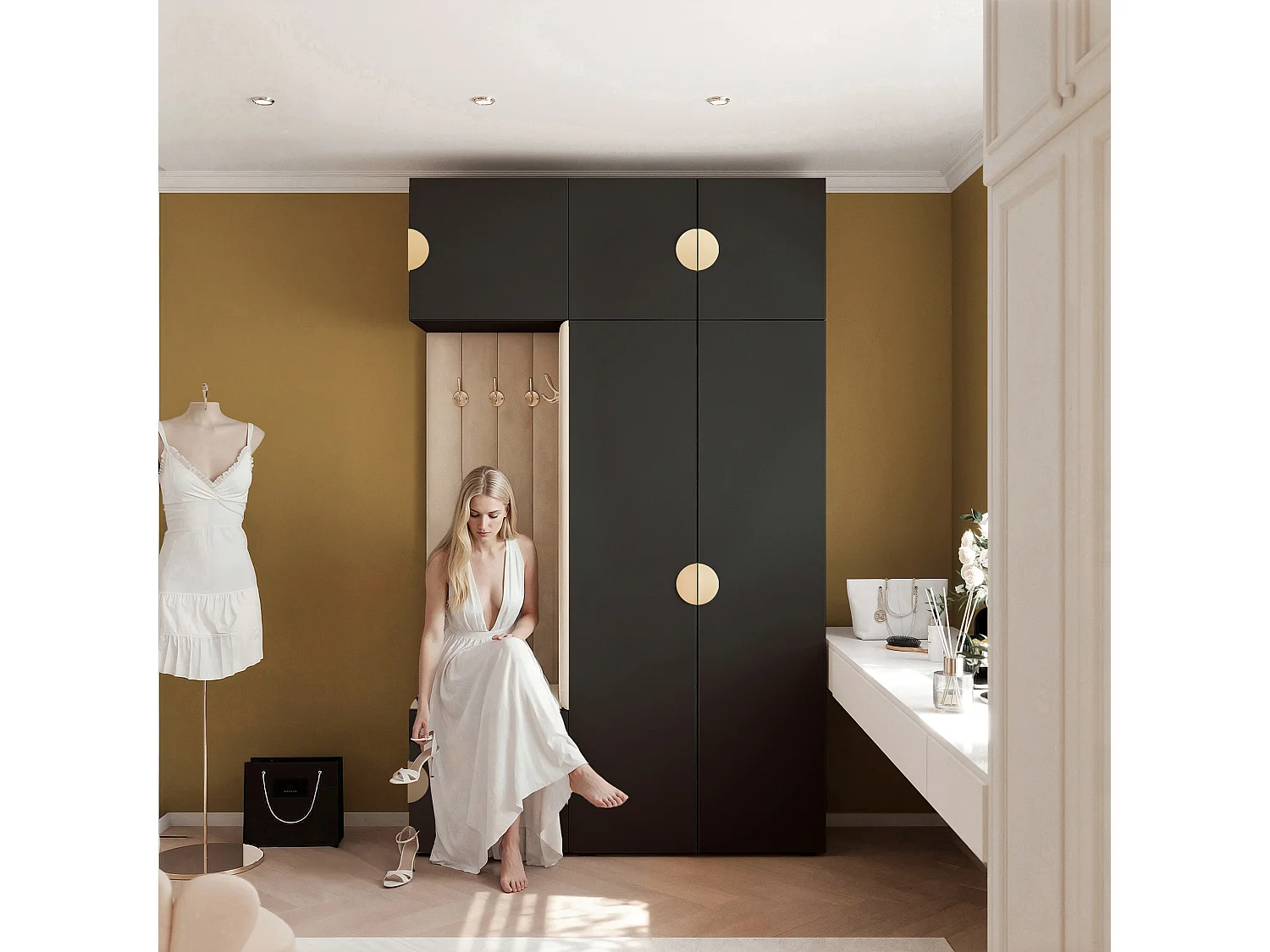 Garderobe Aria V7 Schwarz Gepolstert Samt Beige Kleiderhaken und Regalen