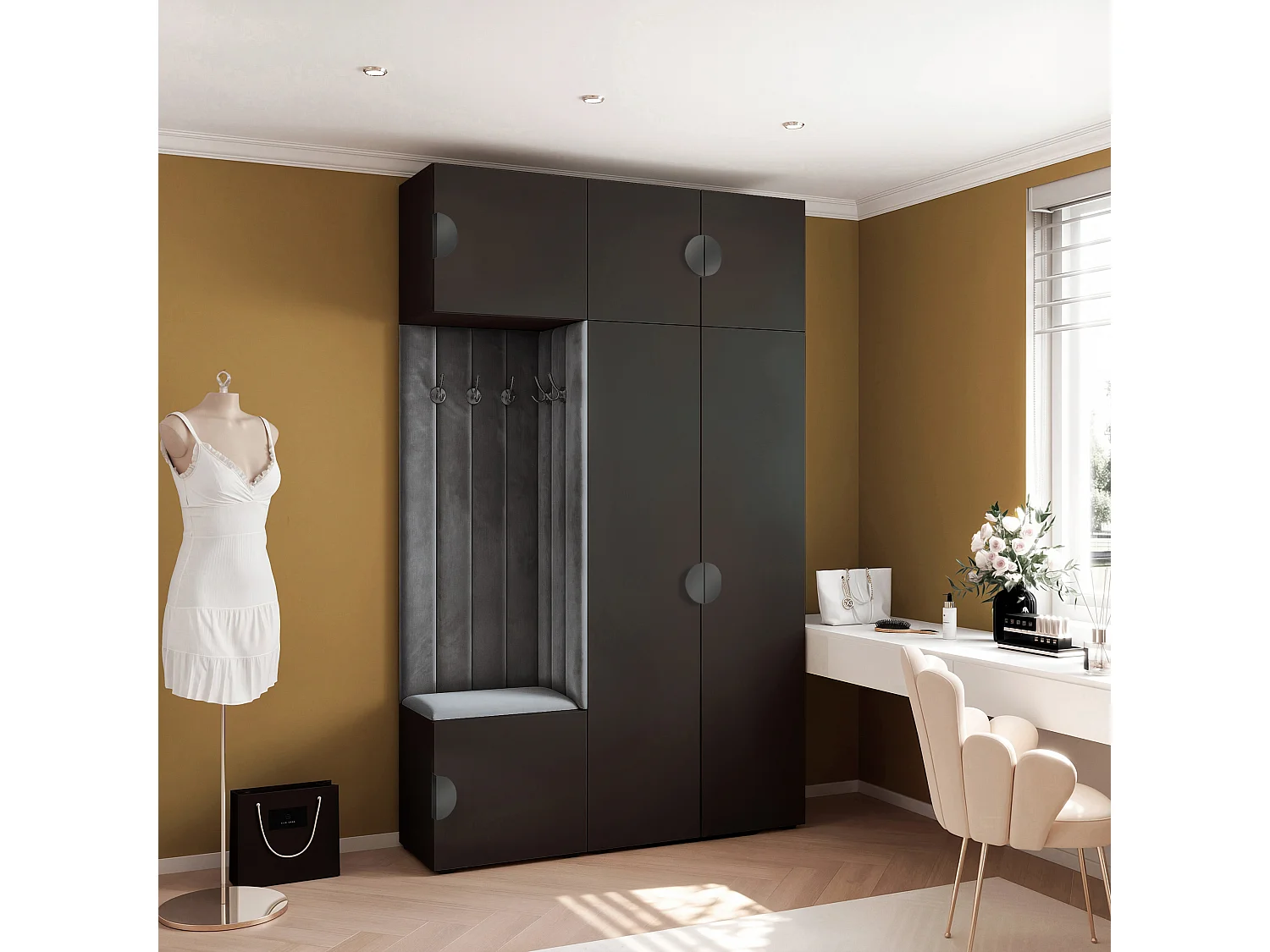 Garderobe Aria V7 Schwarz Gepolstert Samt Graphit Kleiderhaken und Regalen