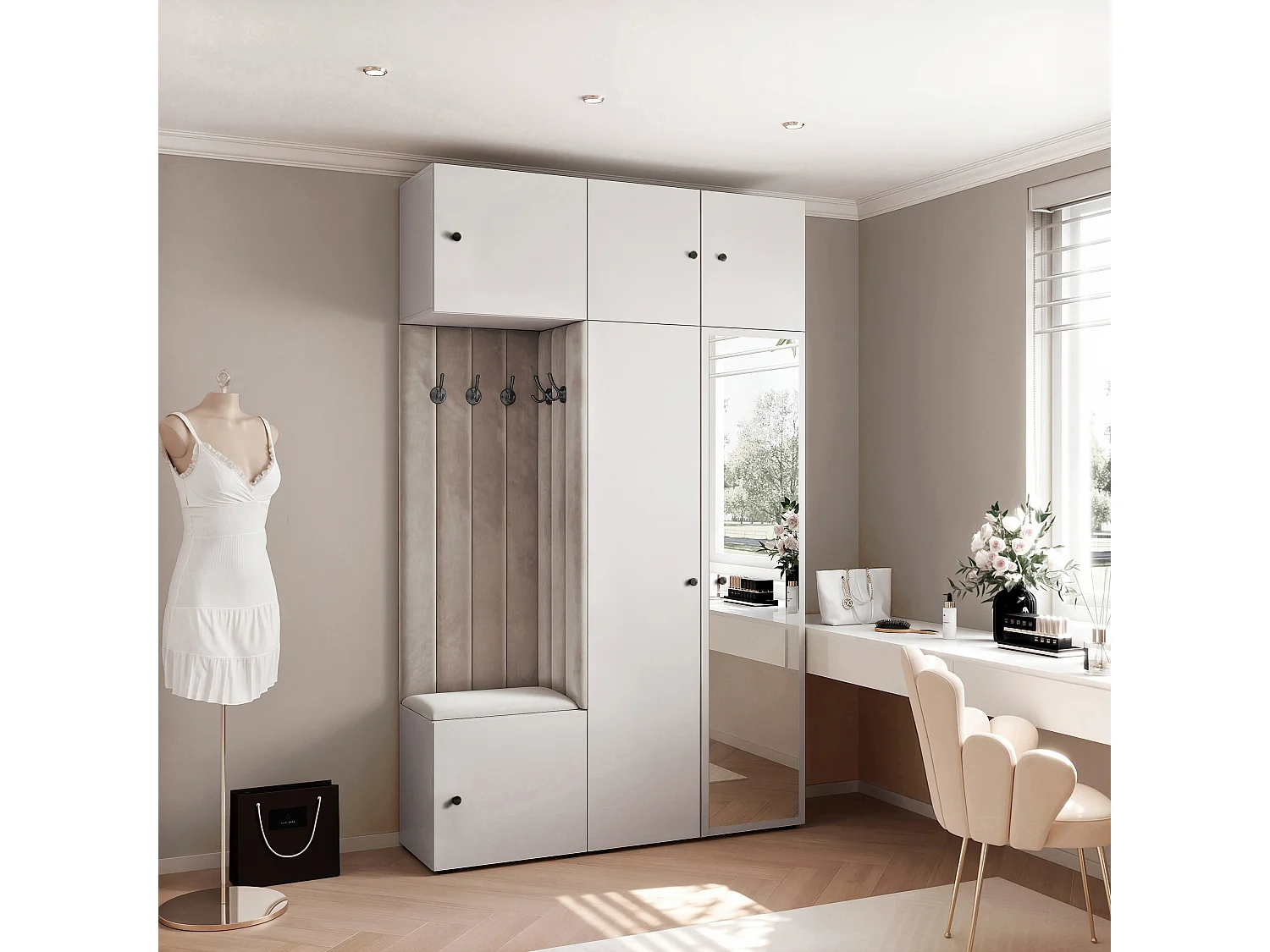 Garderobe Aria V7 Weiß Gepolstert Samt Hellgrau mit Spiegel Kleiderhaken und Regalen