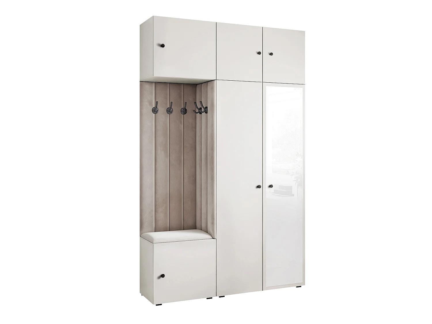 Garderobe Aria V7 Weiß Gepolstert Samt Hellgrau mit Spiegel Kleiderhaken und Regalen