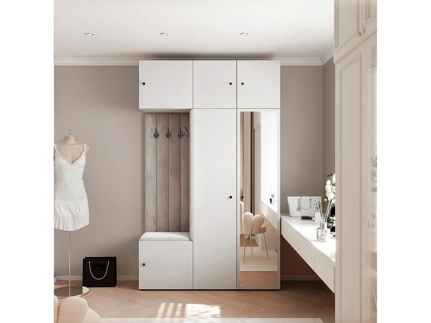 Garderobe Aria V7 Weiß Gepolstert Samt Hellgrau mit Spiegel Kleiderhaken und Regalen
