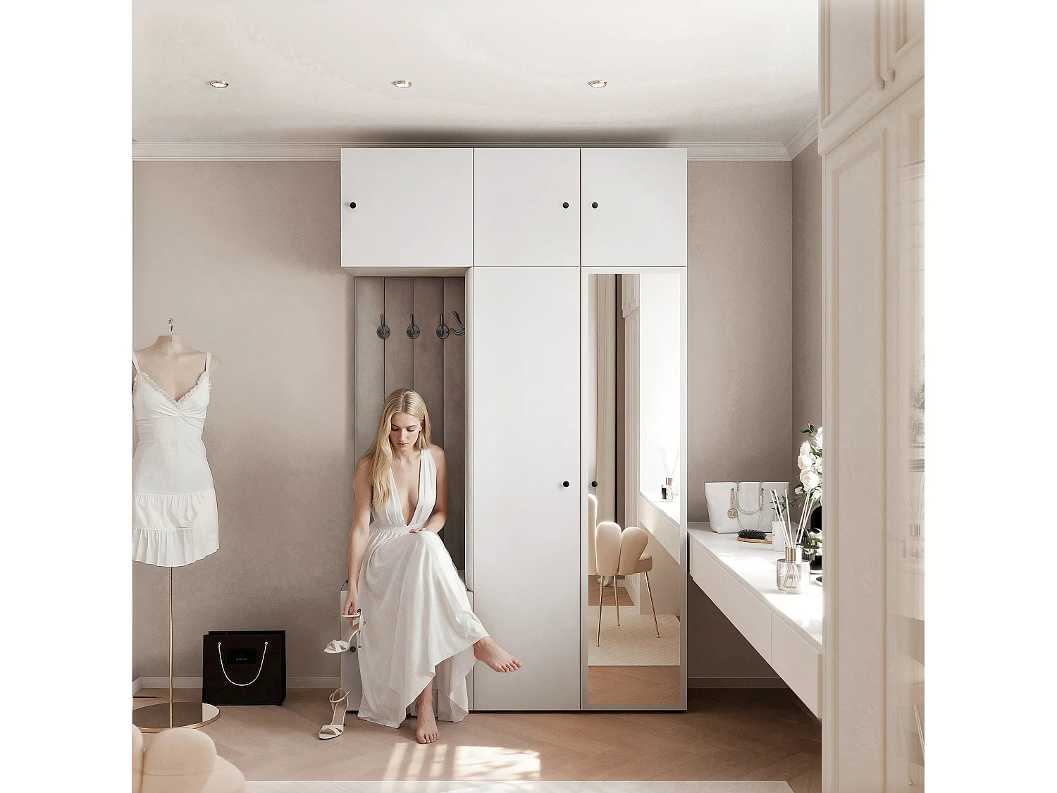 Garderobe Aria V7 Weiß Gepolstert Samt Hellgrau mit Spiegel Kleiderhaken und Regalen