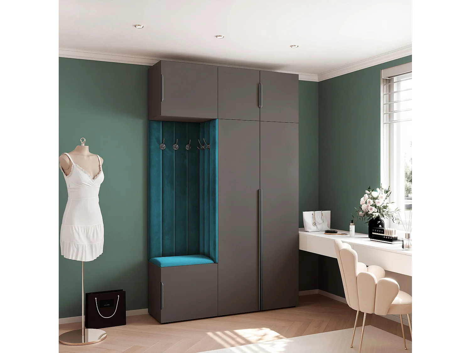 Garderobe Aria V7 Grau Gepolstert Samt Marineblau Kleiderhaken und Regalen