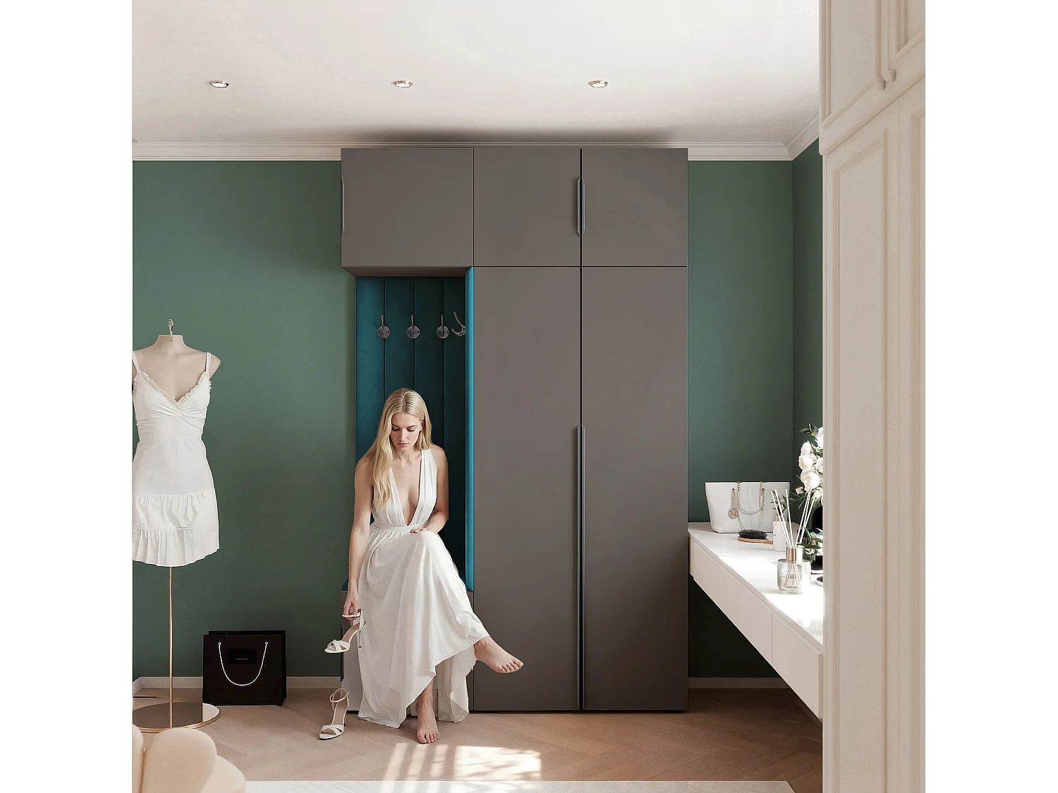 Garderobe Aria V7 Grau Gepolstert Samt Marineblau Kleiderhaken und Regalen