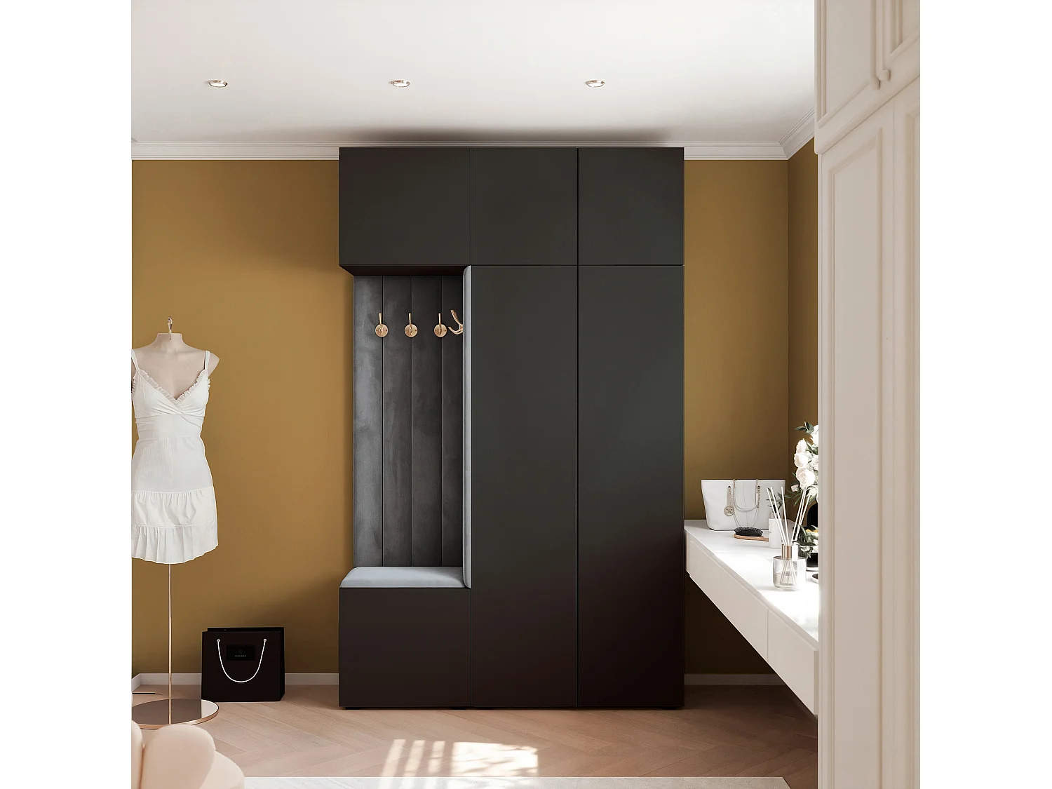 Garderobe Aria V7 Schwarz Gepolstert Samt Graphit Kleiderhaken und Regalen