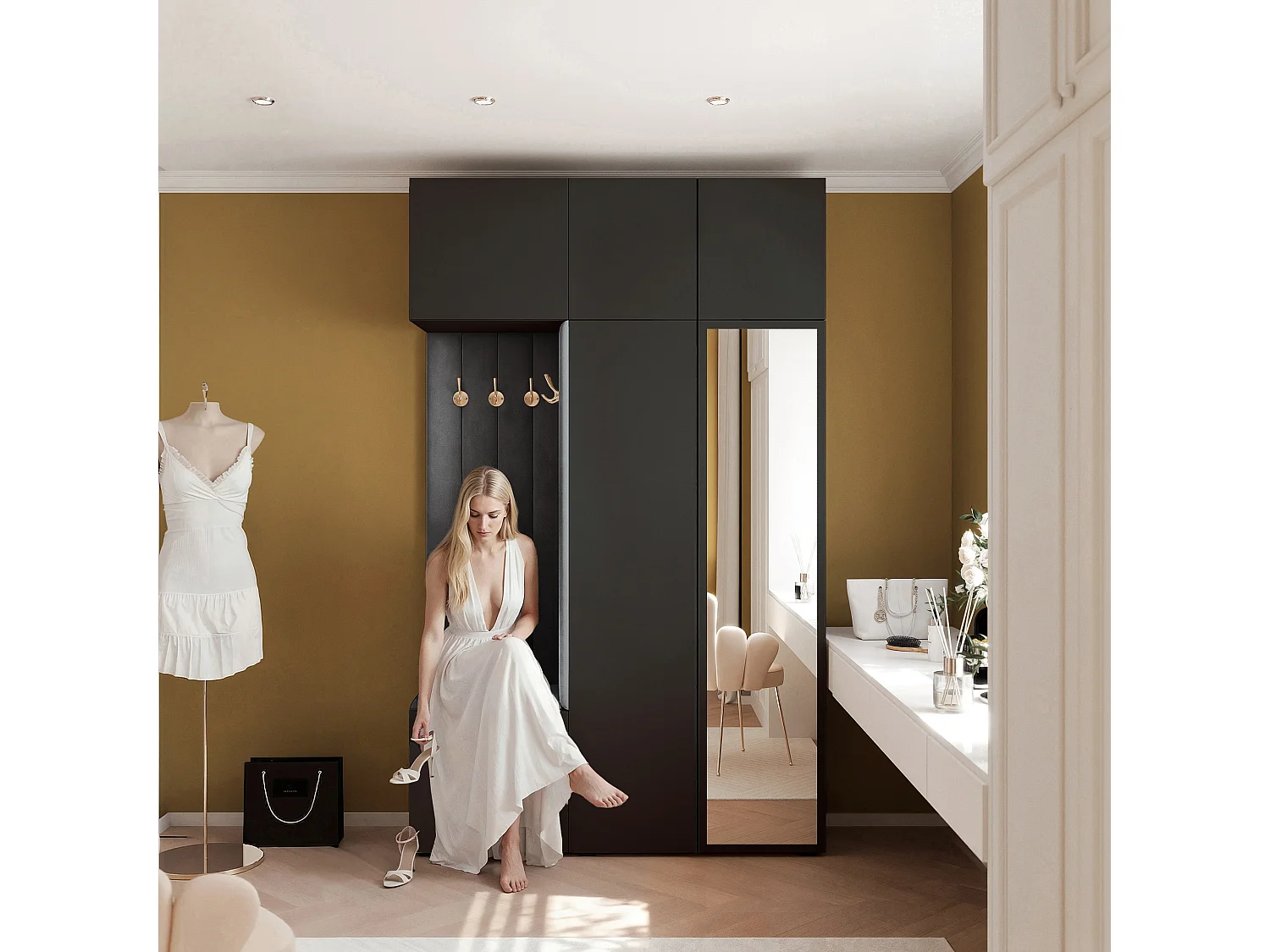Garderobe Aria V7 Schwarz Gepolstert Samt Graphit Kleiderhaken und Regalen
