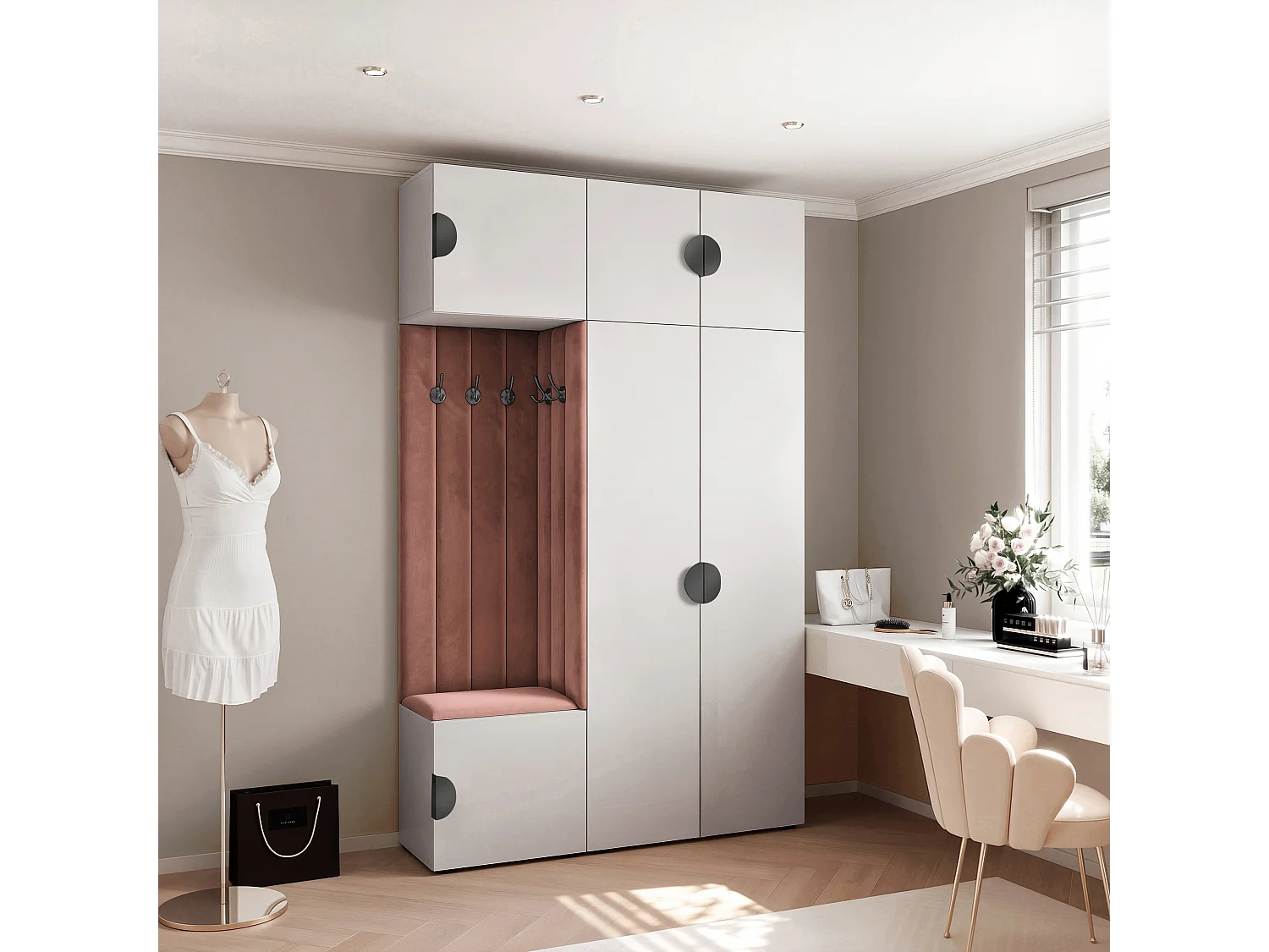 Garderobe Aria V7 Weiß Gepolstert Samt Rostrot Kleiderhaken und Regalen