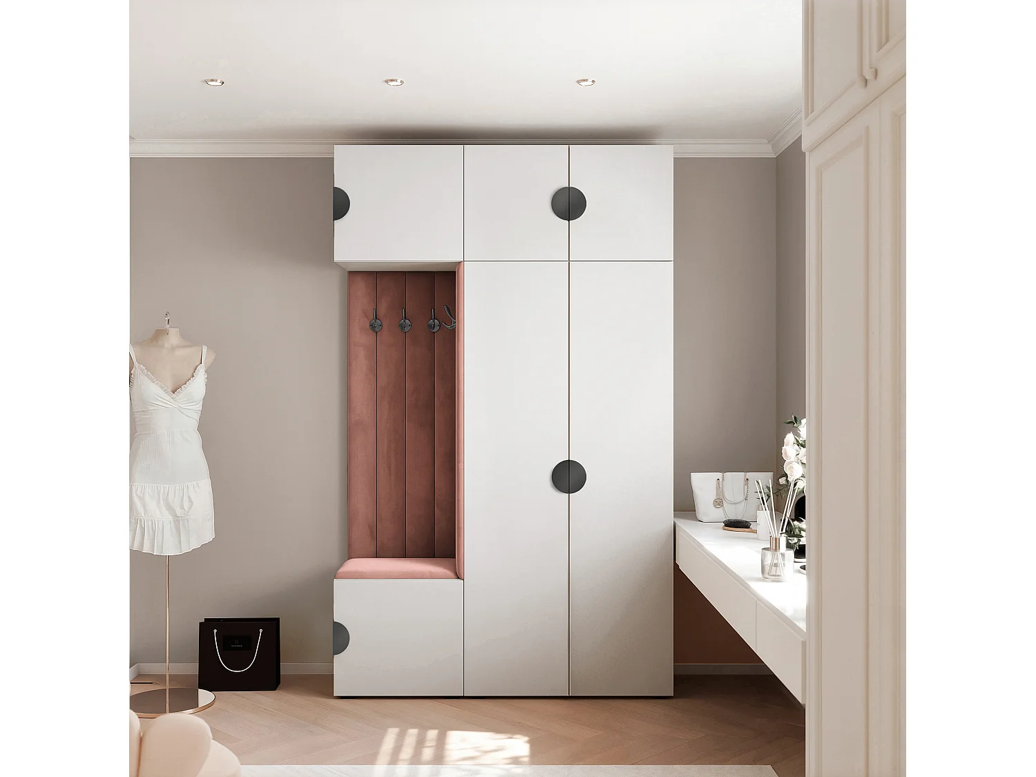 Garderobe Aria V7 Weiß Gepolstert Samt Rostrot Kleiderhaken und Regalen