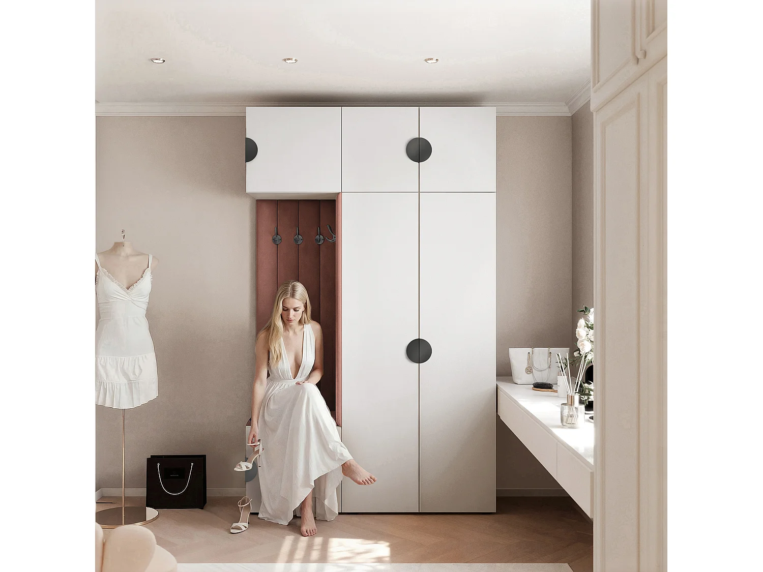 Garderobe Aria V7 Weiß Gepolstert Samt Rostrot Kleiderhaken und Regalen