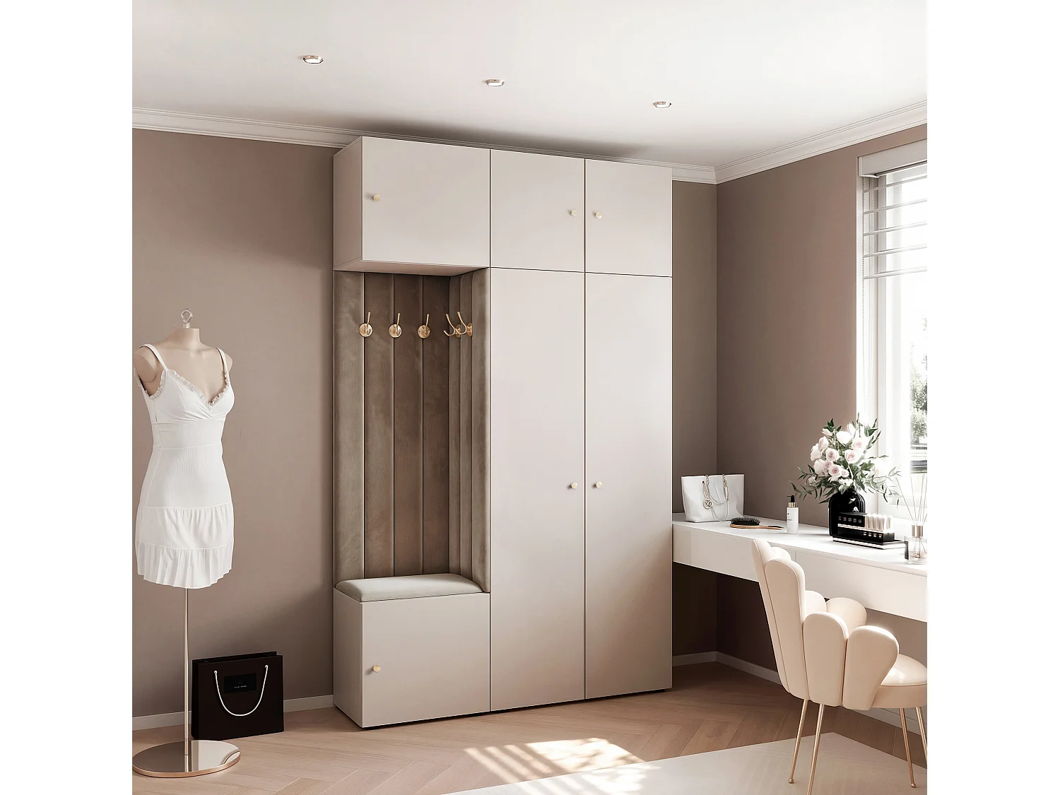 Garderobe Aria V7 Kaschmir Gepolstert Samt Taupe Kleiderhaken und Regalen